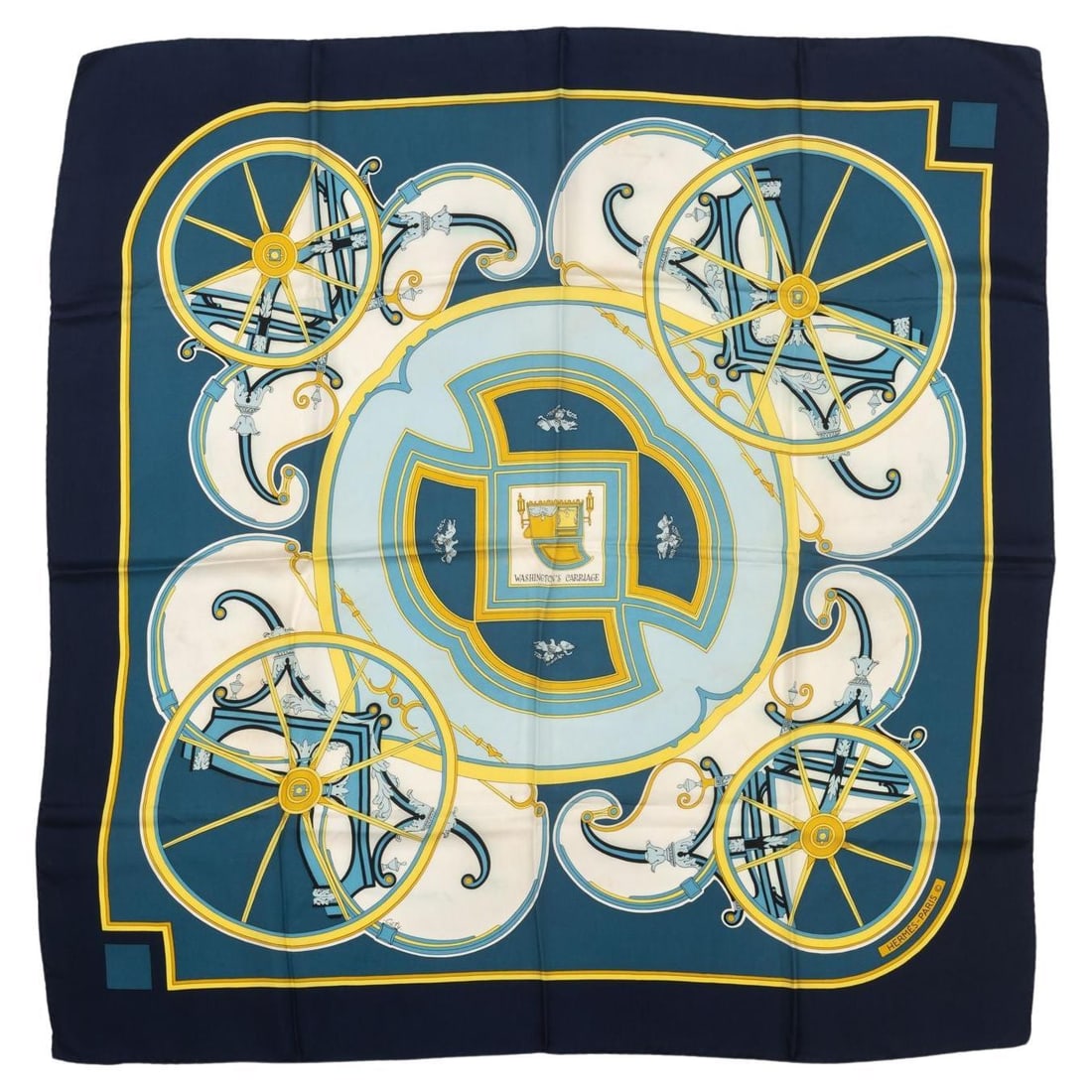 Hermes Washington's Carriage Silk Scarf 35 in France: Hermes Washington's Carriage Silk Scarf 35 in France Vintage Hermes Washington's Carriage scarf in silk with rolled edges. Made in France during the 1990s. Condition is good, with some small stains sh