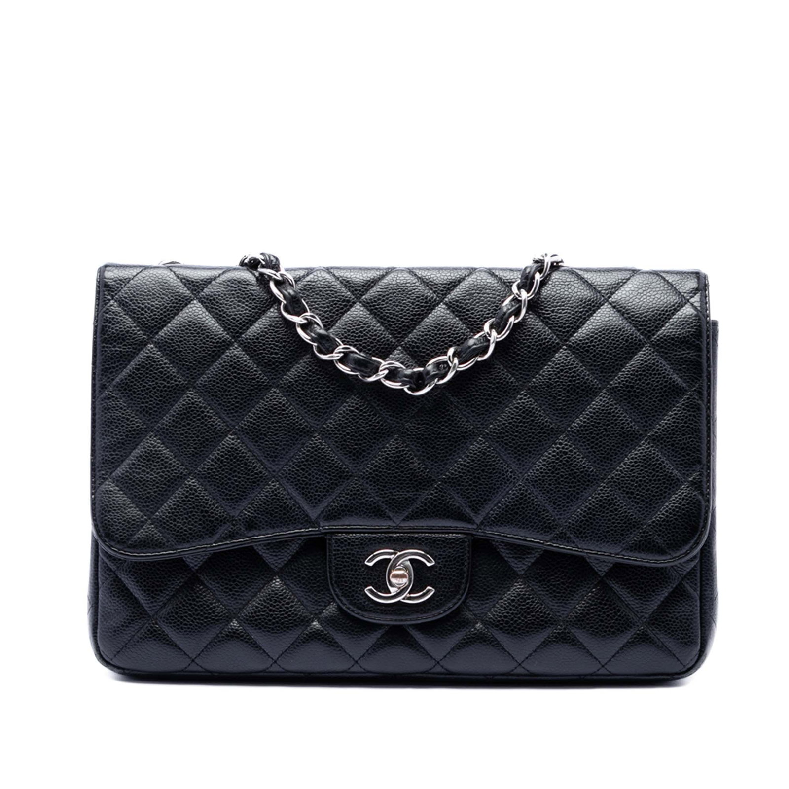 Chanel Caviar Leather Jumbo Single Flap Bag: Chanel Caviar Leather Jumbo Single Flap Bag This Chanel Jumbo Classic Caviar Single Flap bag features a quilted caviar leather exterior in black, complemented by leather-woven chain shoulder straps an