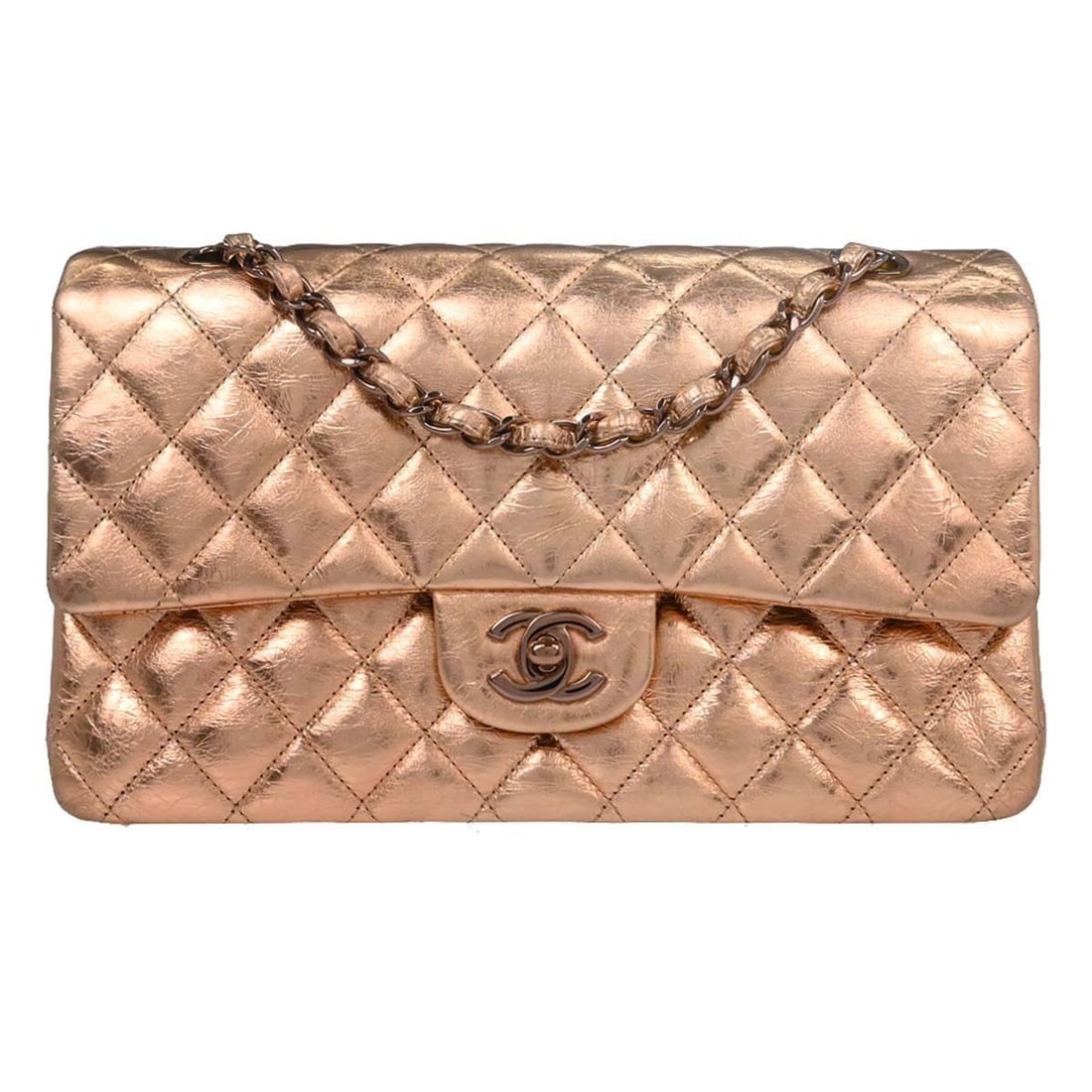 CHANEL Classic Double Flap Medium lambskin shoulder bag metallic gold: CHANEL Classic Double Flap Medium lambskin shoulder bag metallic gold Chanel Classic Double Flap Medium shoulder bag in metallic gold lambskin with matelasse quilting, a turnlock closure, and logo acc