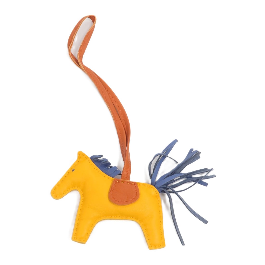 Hermes Rodeo PM Milo Lambskin Bag Charm Yellow Blue: Hermes Rodeo PM Milo Lambskin Bag Charm Yellow Blue Hermes Rodeo PM charm made from Agneau Milo lambskin (sheep leather) in Jaune D'Or, Bleu Agate, and Cornaline. The item is identified as model no. 9