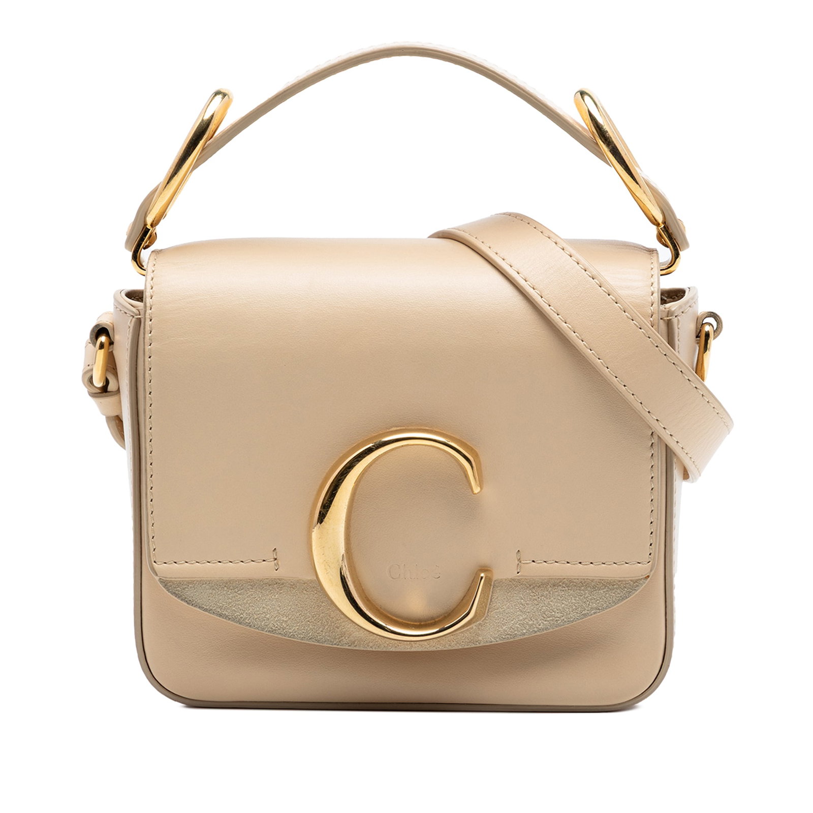 Chloe Mini C Satchel Beige Leather Crossbody Bag: Chloe Mini C Satchel Beige Leather Crossbody Bag Chloe Mini Calfskin C Satchel in beige leather with a structured silhouette, flat top handle, and a detachable adjustable shoulder strap. The design fe