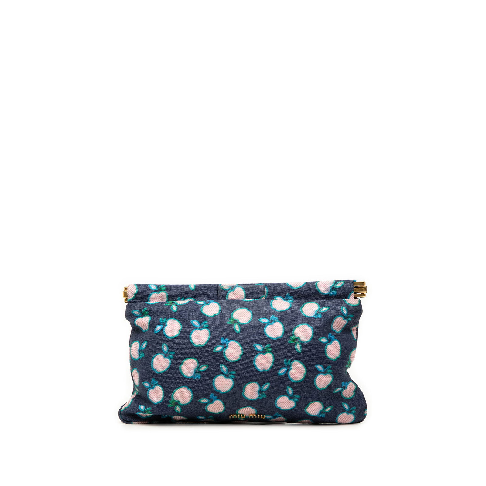 Miu Miu Apple Print Canvas Clutch Pouch with Frame Closure: Miu Miu Apple Print Canvas Clutch Pouch with Frame Closure Clutch bag with a printed canvas body, top frame closure, and an interior slip pocket. It is made in Italy and finished in blue fabric. Condi