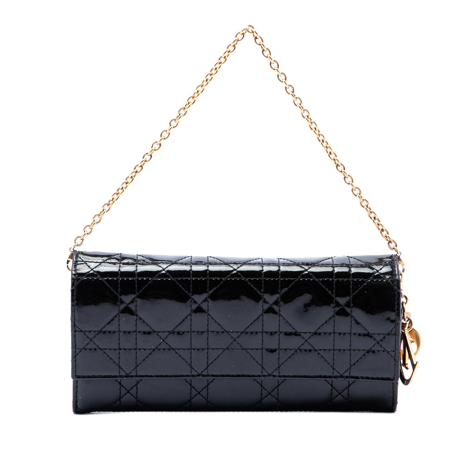 Dior Lady Dior Cannage Patent Leather Wallet on Chain Black: Dior Lady Dior Cannage Patent Leather Wallet on Chain Black A Lady Dior wallet on chain featuring a quilted patent leather body and a detachable gold-tone chain link strap. It has a front flap with sn