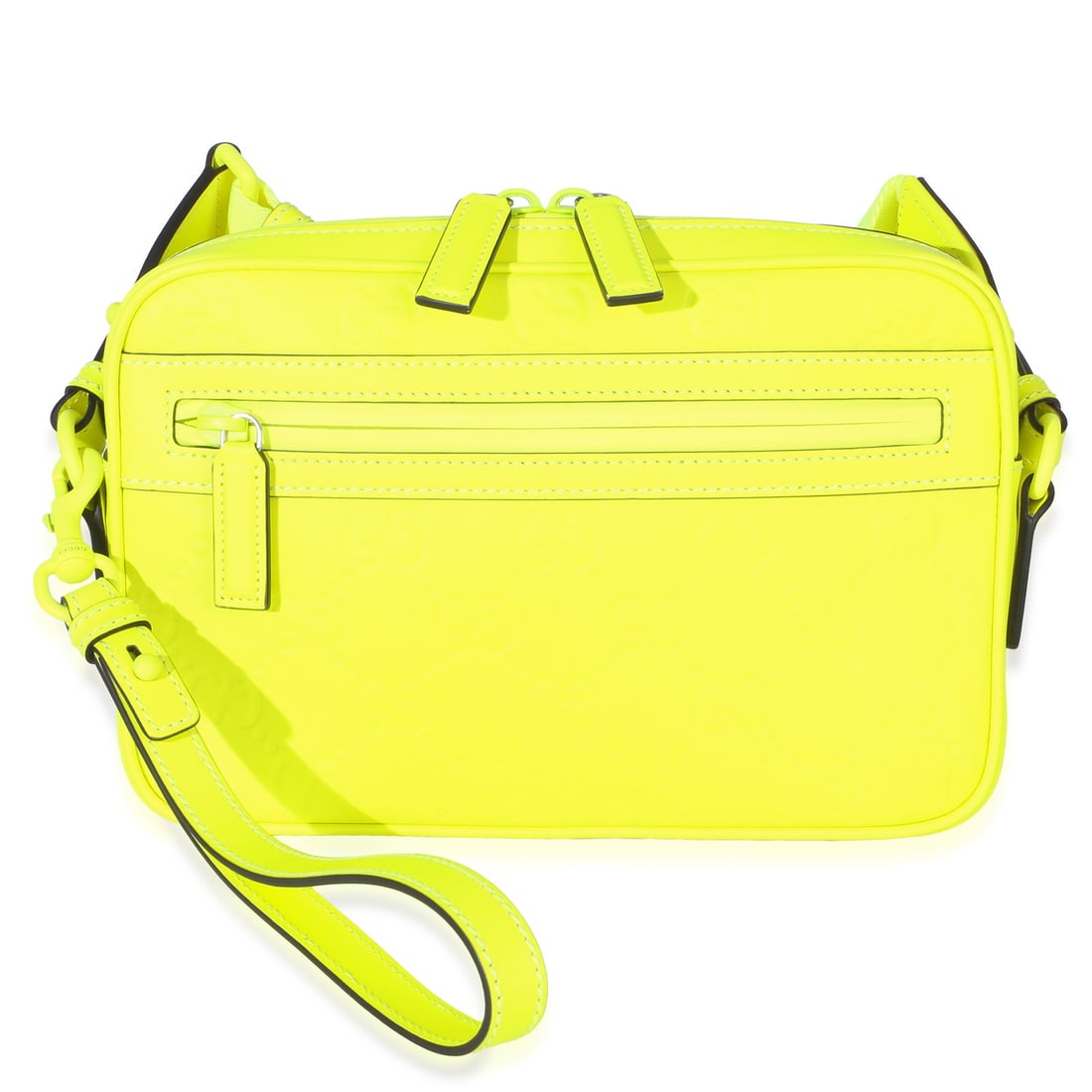 Gucci Rubber Effect Monogram GG Yellow Crossbody Bag: Gucci Rubber Effect Monogram GG Yellow Crossbody Bag Gucci Rubber Effect Monogram GG crossbody bag in fluorescent yellow with a zip-top closure and silver-tone hardware. This pre-owned unisex bag feat