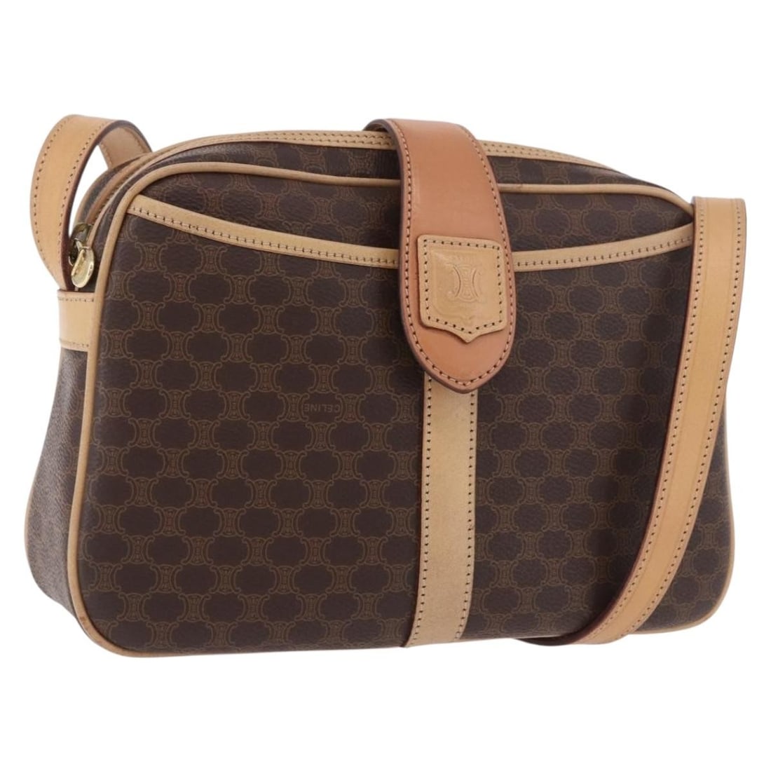 CELINE Macadam PVC Leather Shoulder Bag Brown Gold Tone: CELINE Macadam PVC Leather Shoulder Bag Brown Gold Tone A CELINE Macadam shoulder bag in brown and gold PVC leather and Macadam canvas, made in Italy. This women's shoulder bag measures approximately 