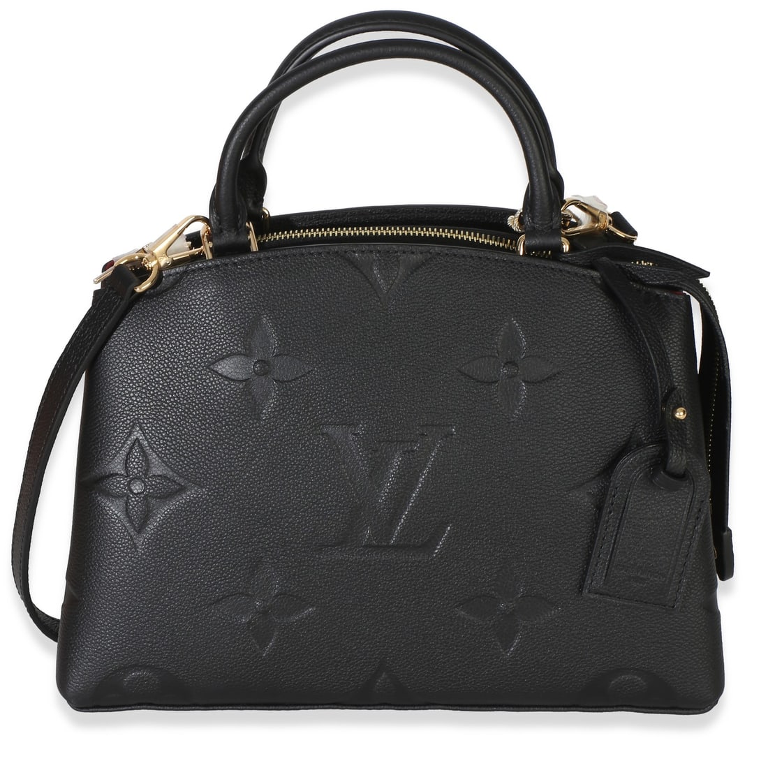 Louis Vuitton Petit Palais black leather shoulder bag with box and lock: Louis Vuitton Petit Palais black leather shoulder bag with box and lock Black monogram giant empreinte Petit Palais handbag in leather with a zip-top closure. It features a shoulder bag and top handle