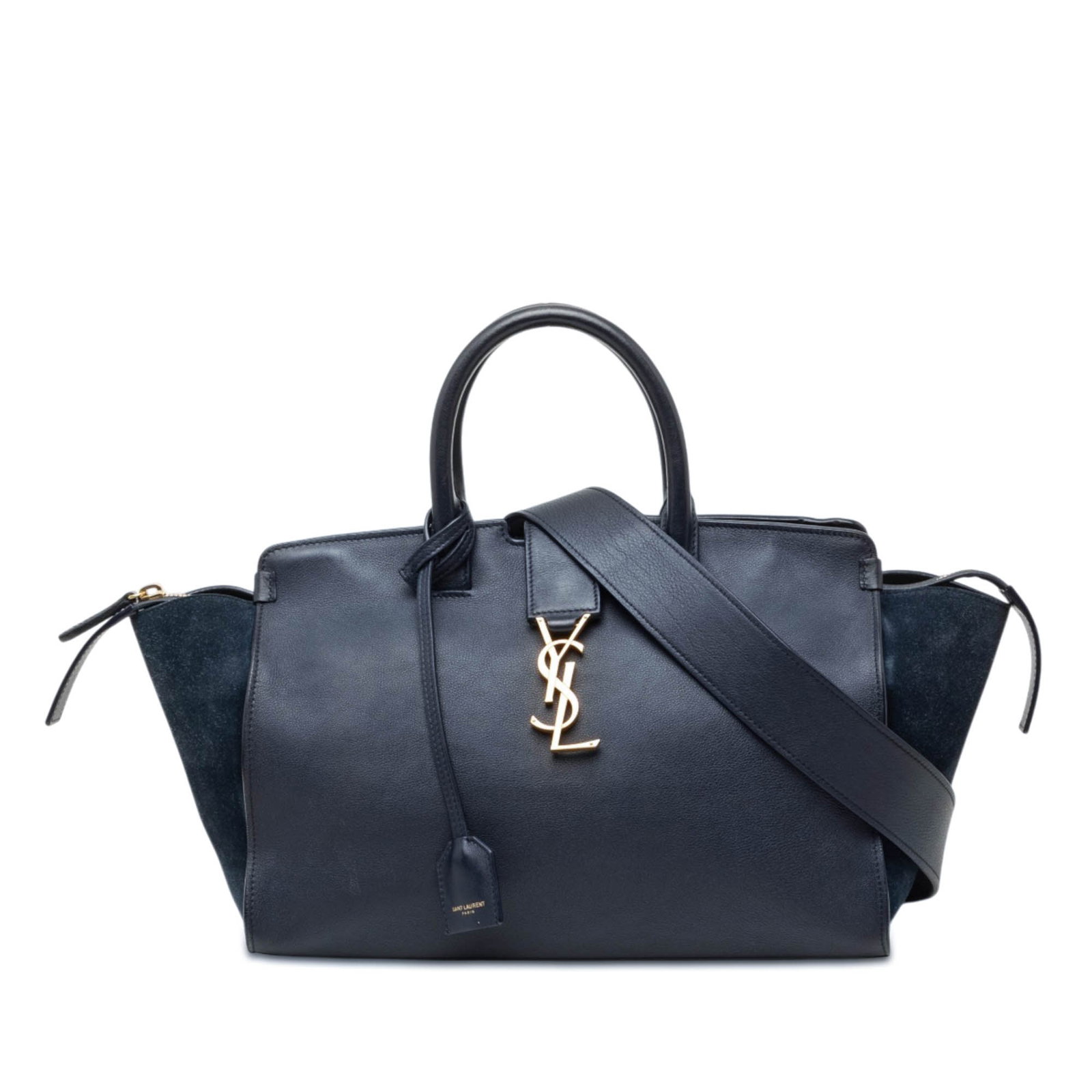 Saint Laurent Downtown Cabas Small Blue Leather Satchel: Saint Laurent Downtown Cabas Small Blue Leather Satchel Saint Laurent Small Downtown Cabas satchel in blue calfskin with suede trim. This structured bag features rolled leather handles, a detachable f