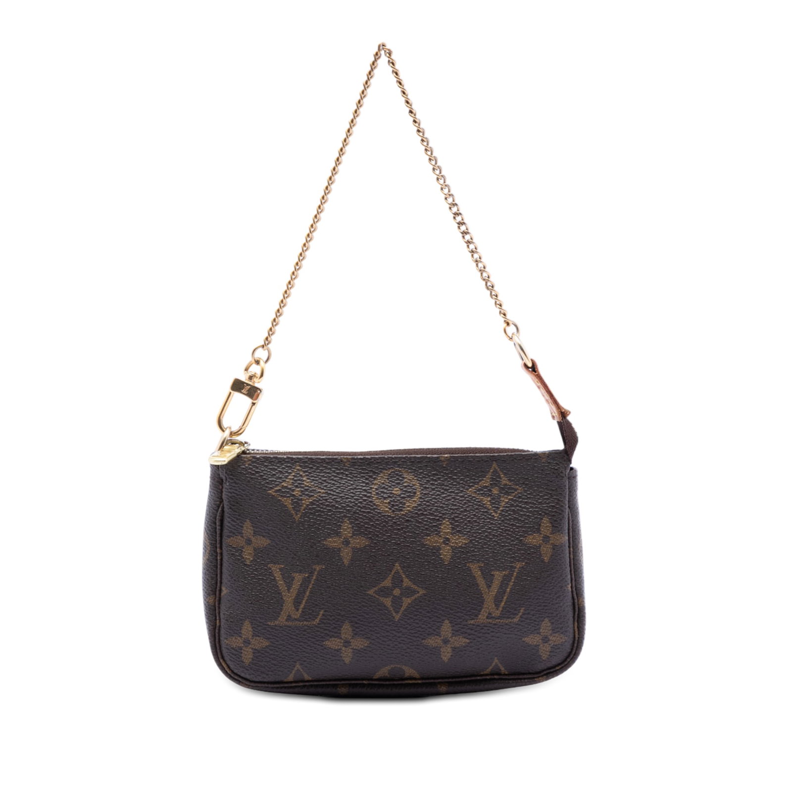 Louis Vuitton Mini Pochette Monogram Canvas Bag with Gold Tone Chain Strap: Louis Vuitton Mini Pochette Monogram Canvas Bag with Gold Tone Chain Strap This Louis Vuitton Mini Pochette Accessoires features the iconic monogram canvas, a gold-tone chain strap, and a top zip clos