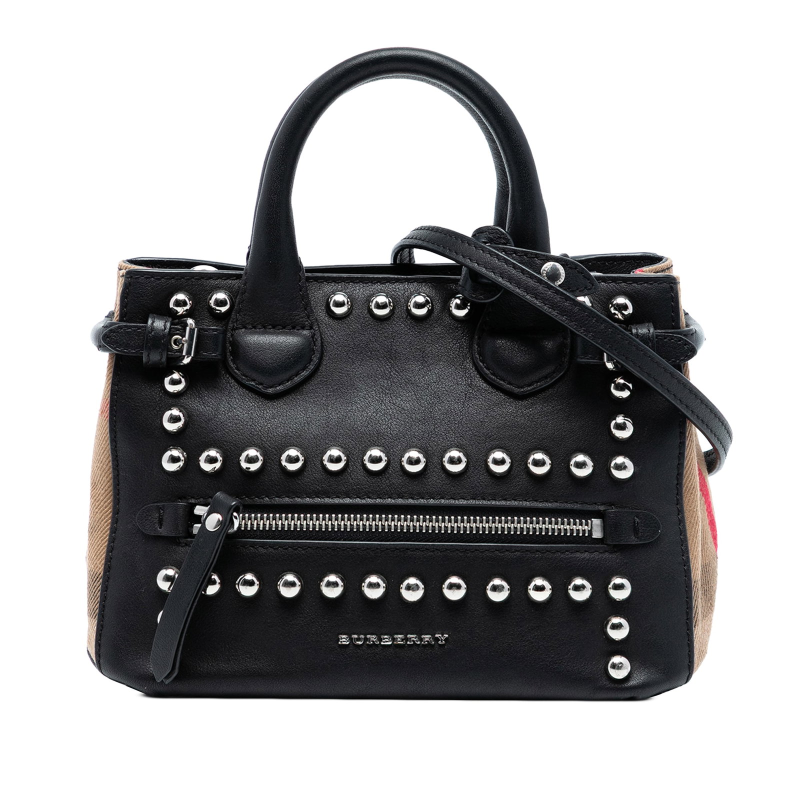 Burberry Baby Banner Studded Leather Tote Black Italy: Burberry Baby Banner Studded Leather Tote Black Italy This Burberry Baby Banner Tote combines style and practicality with its studded leather body and iconic House Check accents. It features rolled le