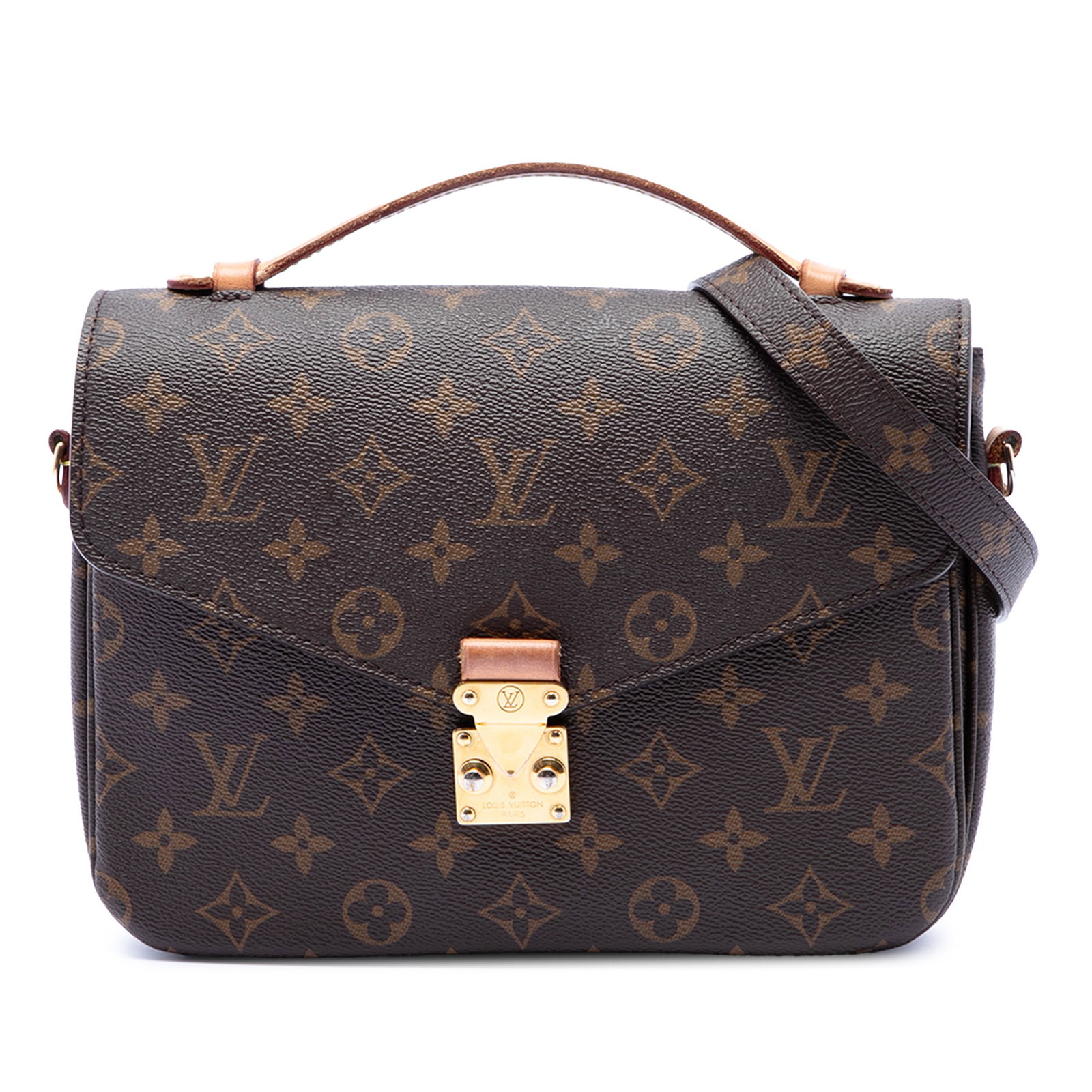 Louis Vuitton Pochette Metis Monogram Shoulder Bag: Louis Vuitton Pochette Metis Monogram Shoulder Bag Louis Vuitton Monogram Pochette Metis bag crafted with a monogram canvas body, a flat vachetta leather top handle, and a detachable flat shoulder str