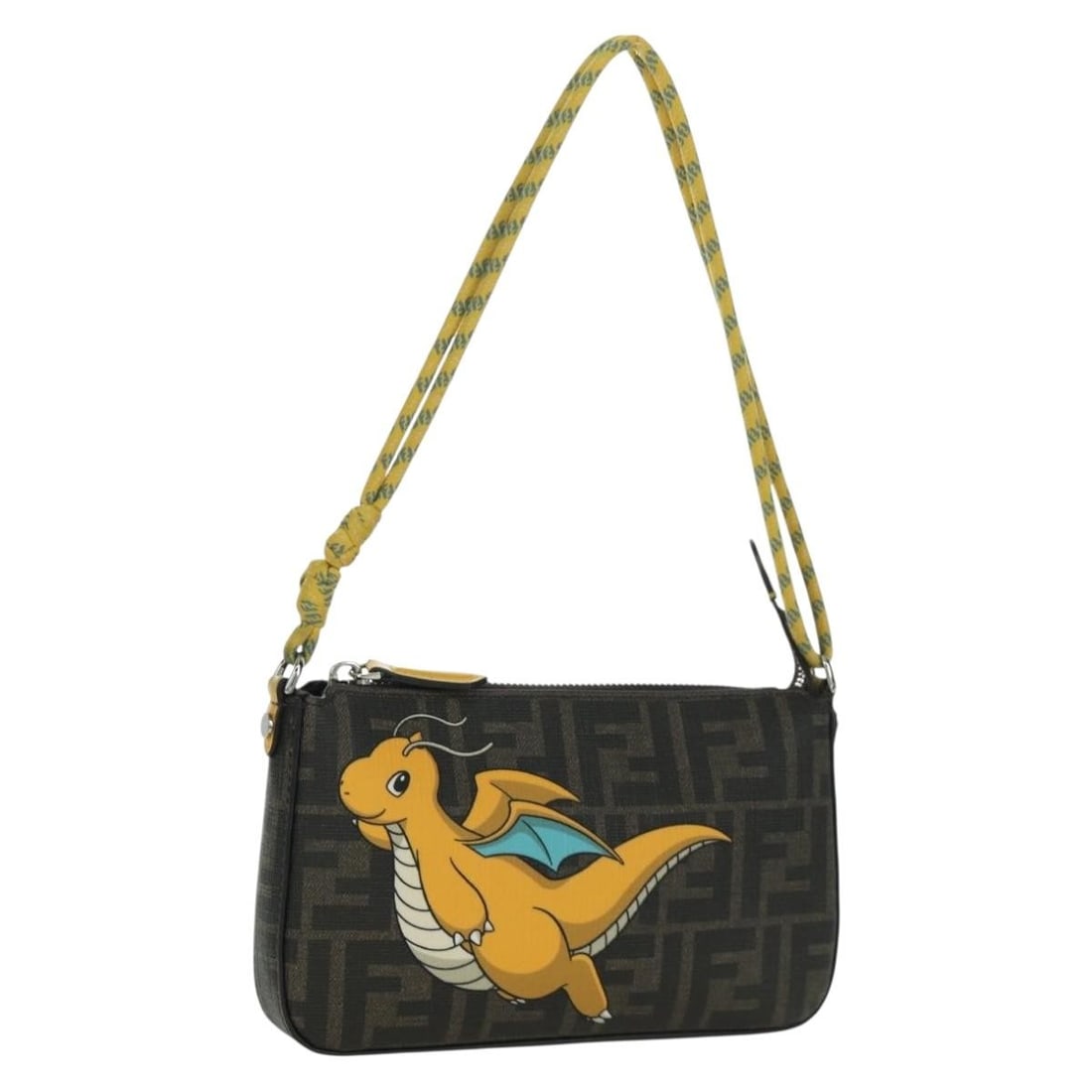 FENDI x FRGMT x POKEMON Zucca Canvas Black Shoulder Bag Dragonfly Motif: FENDI x FRGMT x POKEMON Zucca Canvas Black Shoulder Bag Dragonfly Motif This FENDI x FRGMT x POKEMON shoulder bag features the iconic Zucca canvas in black and brown. The compact design is accented wi