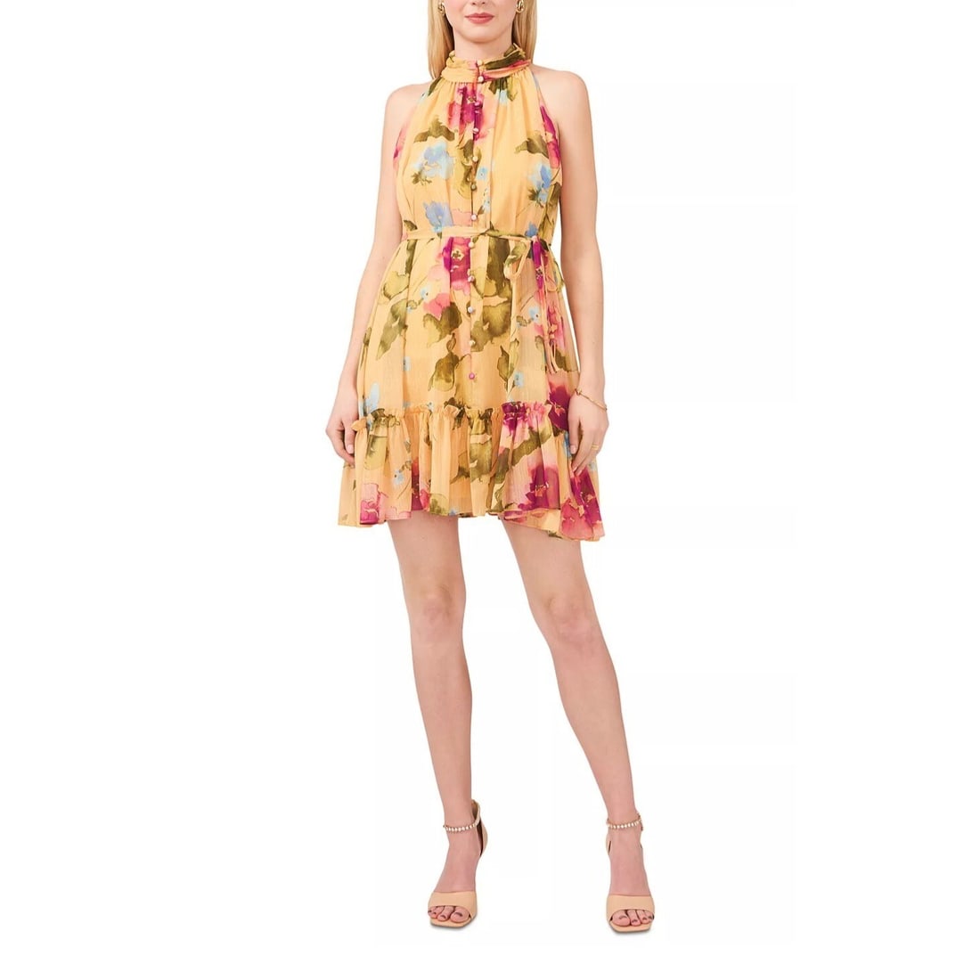 MSK Petite Floral Yellow Halter Chiffon Fit & Flare Dress PXL (1 of 1)