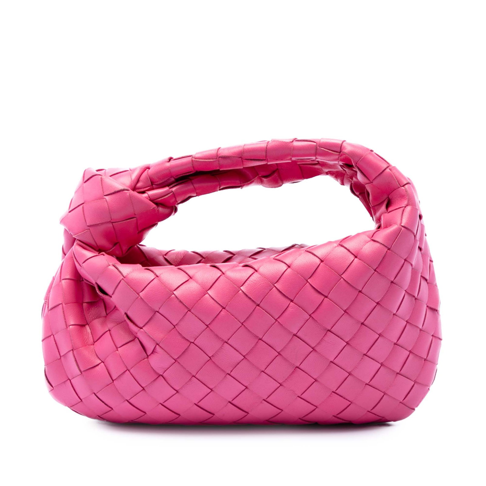 Bottega Veneta Pink Mini Jodie Woven Leather Bag: Bottega Veneta Pink Mini Jodie Woven Leather Bag This Bottega Veneta Mini Nappa Intrecciato Jodie features a signature woven leather body in pink, complemented by a distinctive knotted woven leather h