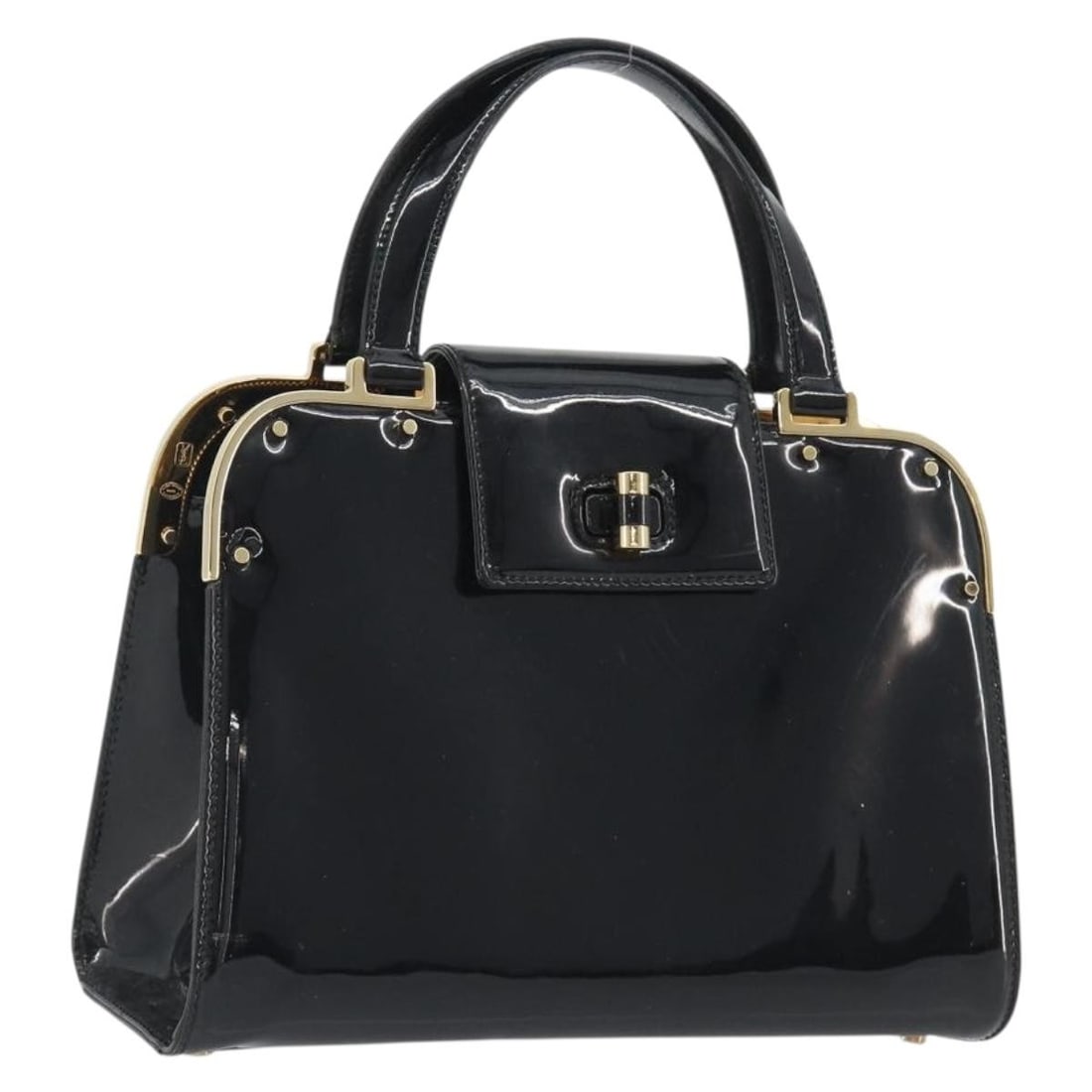 Black Patent Leather Hand Bag SAINT LAURENT with Padlock Key Clochette: Black Patent Leather Hand Bag SAINT LAURENT with Padlock Key Clochette Saint Laurent hand bag in black and gold patent leather, made in Italy. It comes with a padlock, two keys, and a clochette. Condi