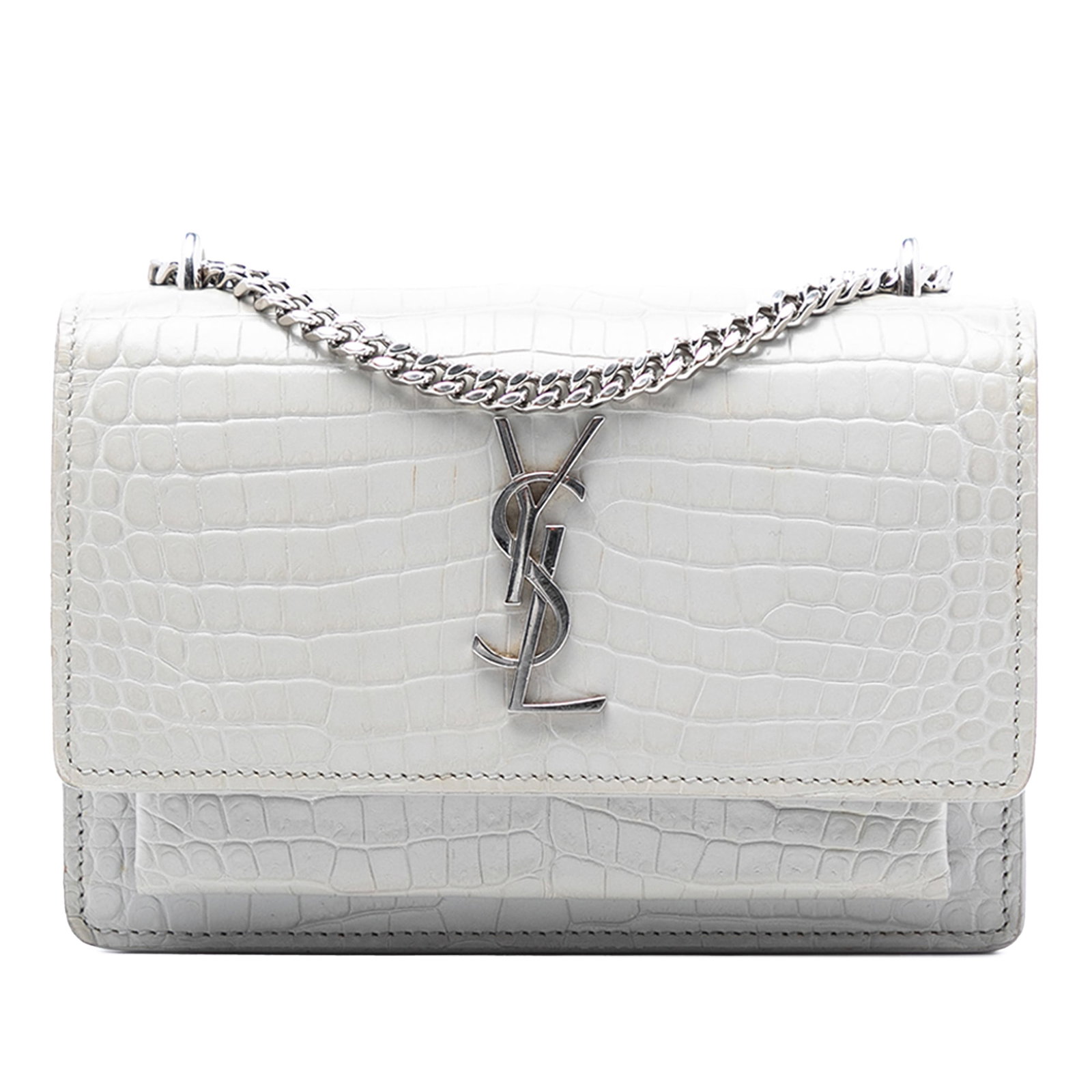 Gray Leather Mini Sunset Wallet on Chain by Saint Laurent: Gray Leather Mini Sunset Wallet on Chain by Saint Laurent This Saint Laurent Mini Croc Embossed Leather Monogram Sunset Wallet on Chain features a gray embossed leather body, a chain link strap with a