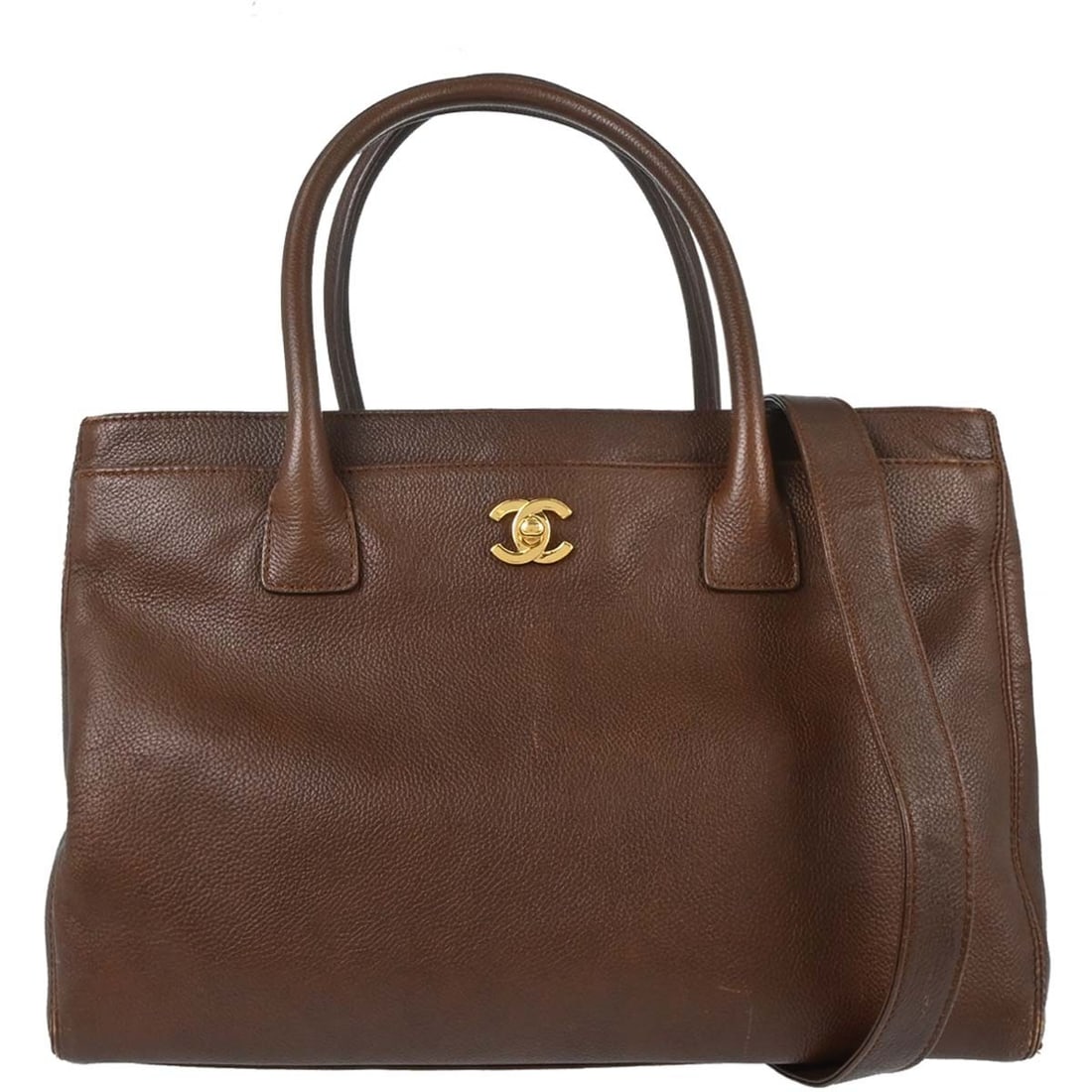 CHANEL Executive Cerf Brown Calfskin 2way Tote: CHANEL Executive Cerf Brown Calfskin 2way Tote Chanel Executive Cerf 2-way tote bag in brown calfskin with double handles, a turn-lock closure, logo accents, and canvas lining. This medium tote includ