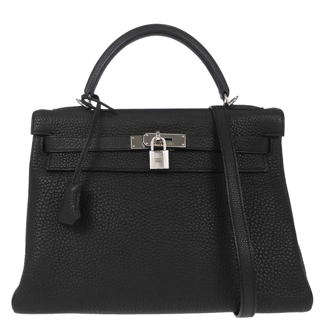 Hermes Kelly 32 Retourne Black Togo Leather Top Handle Bag: Hermes Kelly 32 Retourne Black Togo Leather Top Handle Bag Hermes Kelly 32 Retourne 2-way handbag in black Togo leather with silver-tone hardware. This women's satchel features a turn-lock flap closur