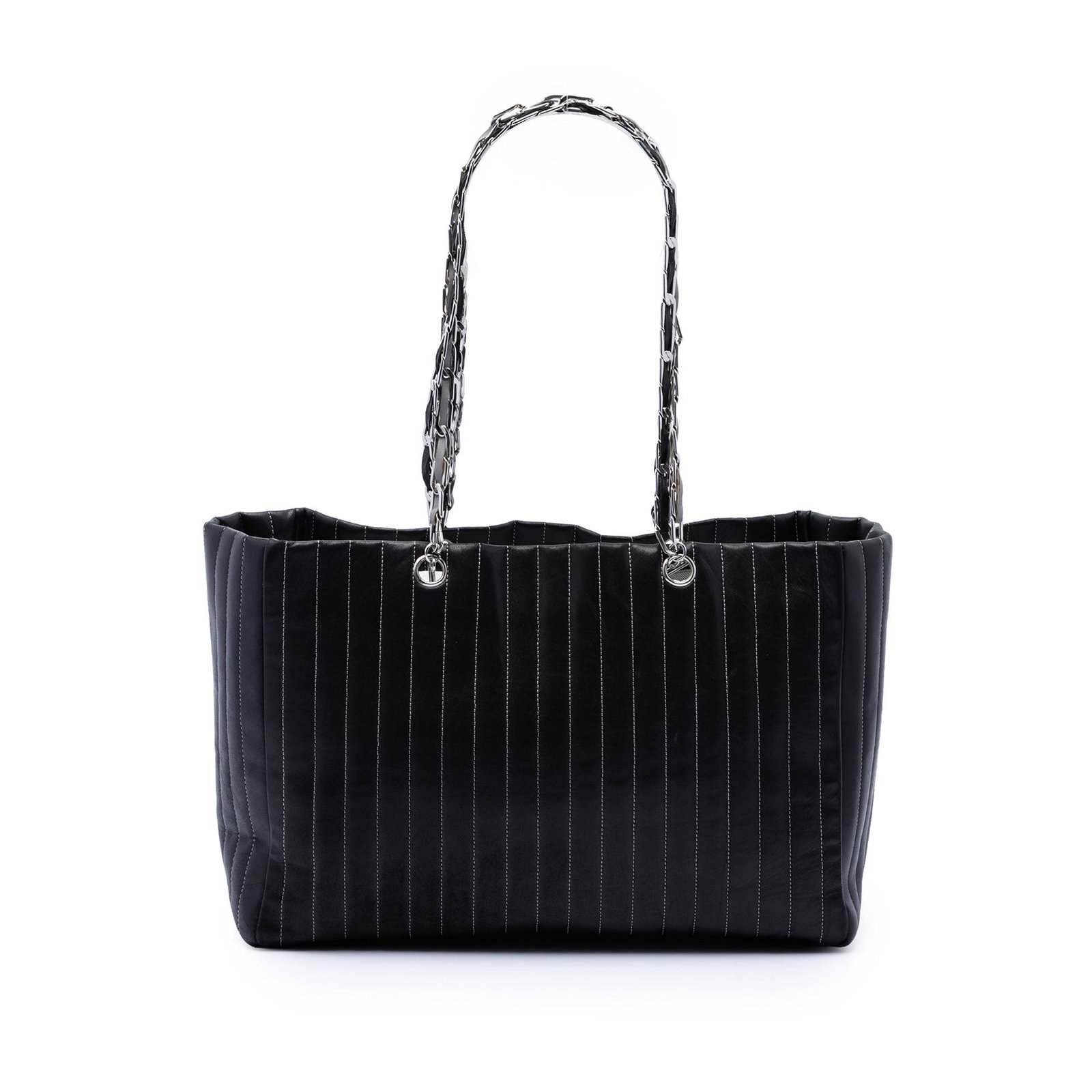 Chanel Mademoiselle Vertical Quilted Large Lambskin Tote Bag: Chanel Mademoiselle Vertical Quilted Large Lambskin Tote Bag This Chanel Large Lambskin Vertical Quilted Mademoiselle Tote is a shoulder bag crafted from lambskin leather with leather woven chain link