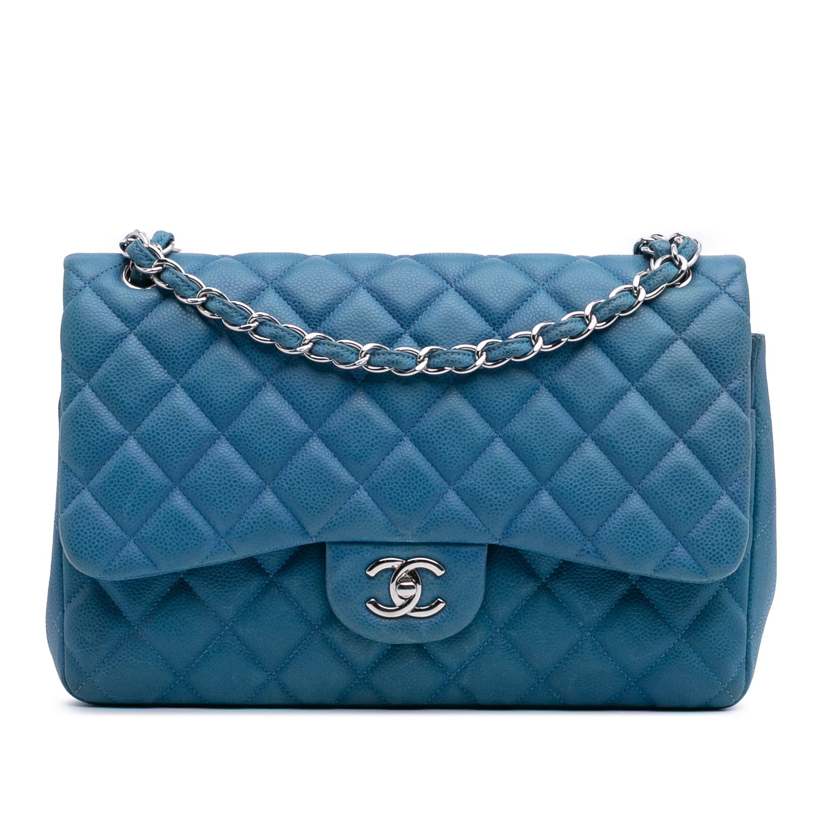 Chanel Jumbo Classic Caviar Double Flap Blue Leather Shoulder Bag: Chanel Jumbo Classic Caviar Double Flap Blue Leather Shoulder Bag The Chanel Jumbo Classic Caviar Double Flap is an elegant shoulder bag crafted from luxurious quilted caviar leather. This stunning pi