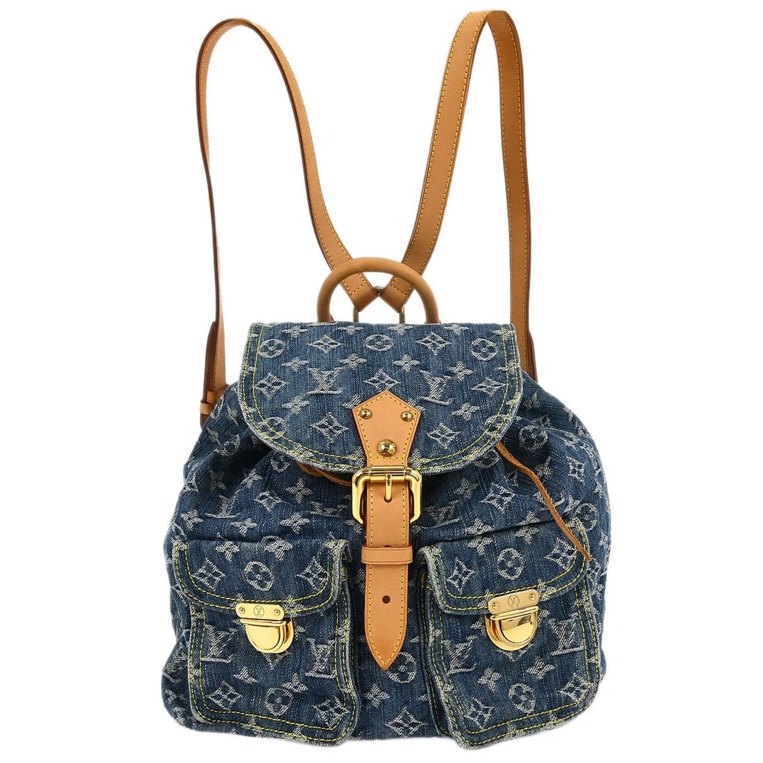 Louis Vuitton Sac a Dos GM Blue Monogram Denim Backpack: Louis Vuitton Sac a Dos GM Blue Monogram Denim Backpack Louis Vuitton Sac a Dos GM backpack in blue Monogram denim with leather trim and gold-plated hardware. This women's backpack features a buckle c