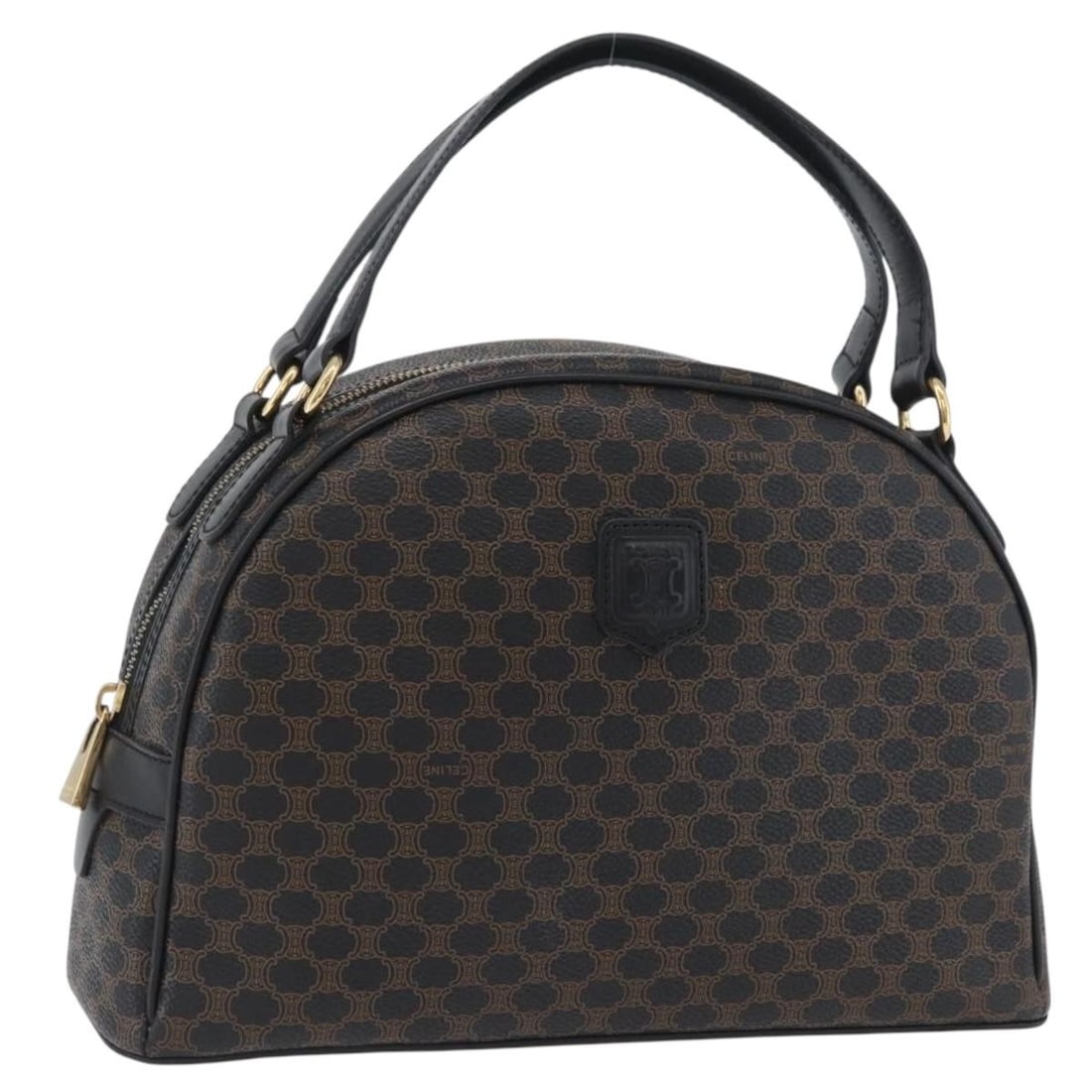 Celine Macadam Canvas PVC Leather Handbag Black Gold Tone: Celine Macadam Canvas PVC Leather Handbag Black Gold Tone A CELINE hand bag in black and gold, crafted from PVC leather and Macadam canvas. It is made in Italy and presented in a reasonable wear and t