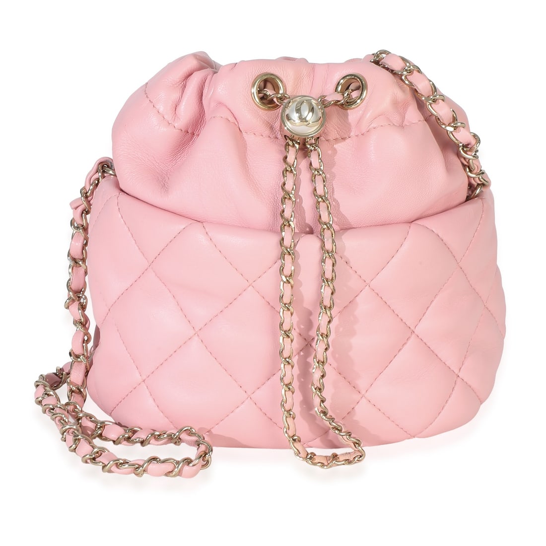 Chanel Pearl Drawstring Bucket Bag Pink Quilted Lambskin: Chanel Pearl Drawstring Bucket Bag Pink Quilted Lambskin This Chanel Pink Quilted Lambskin Pearl Drawstring Bucket Bag features a luxurious quilted leather exterior in a vibrant pink hue. The bag is d