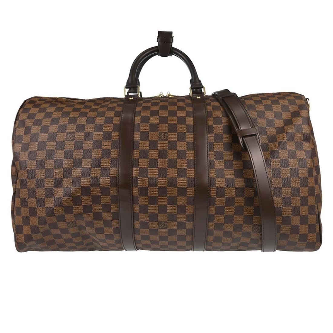 Louis Vuitton Keepall Bandouliere 55 Damier Brown Duffle N41414: Louis Vuitton Keepall Bandouliere 55 Damier Brown Duffle N41414 Louis Vuitton Keepall Bandouliere 55 duffle bag in Damier canvas with leather trim and a brown Ebene colorway. This extra-large travel b
