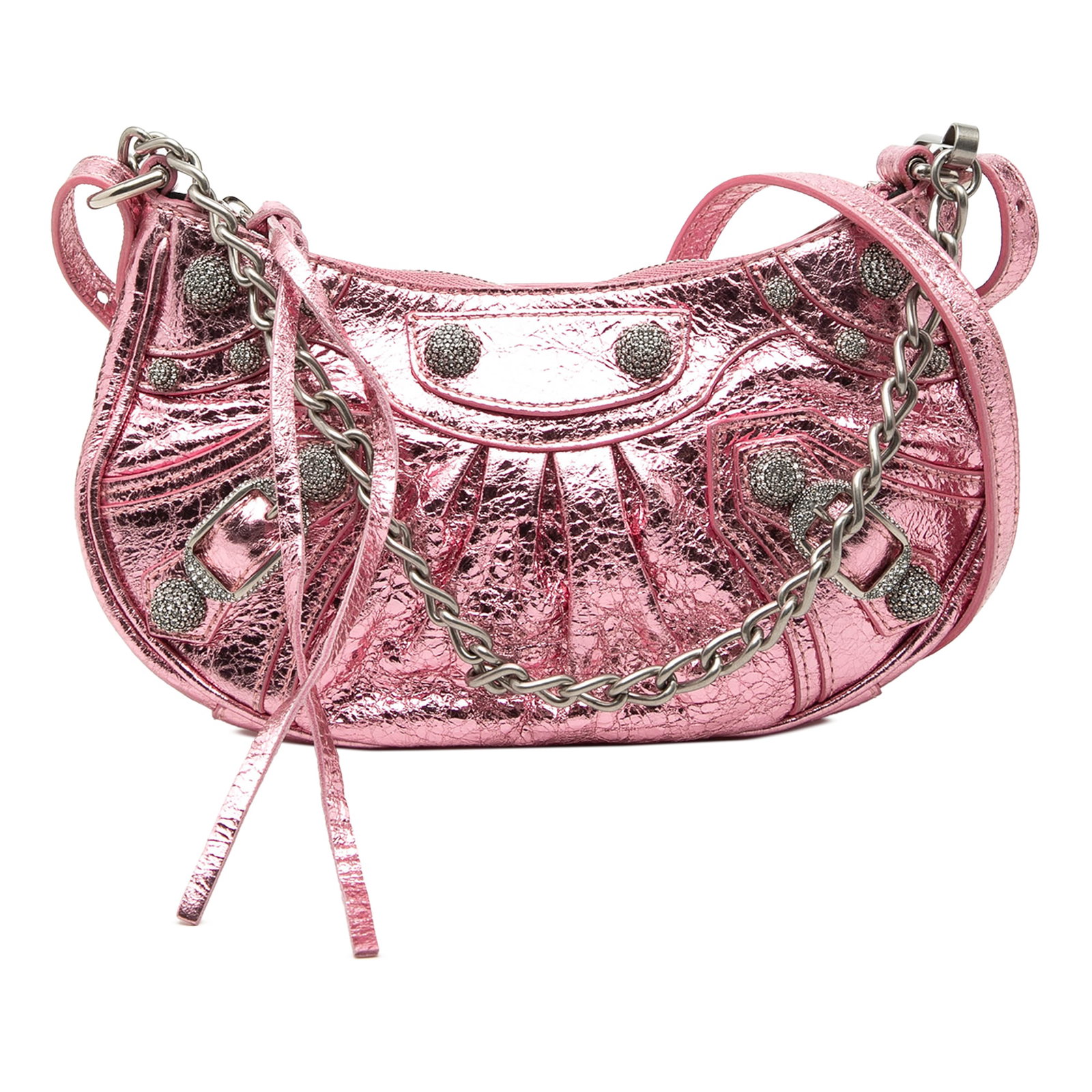 Balenciaga Le Cagole XS metallic lambskin crossbody bag: Balenciaga Le Cagole XS metallic lambskin crossbody bag This Balenciaga Motocross Le Cagole XS crossbody bag is crafted from metallic lambskin leather in pink and features crystal-embellished stud det