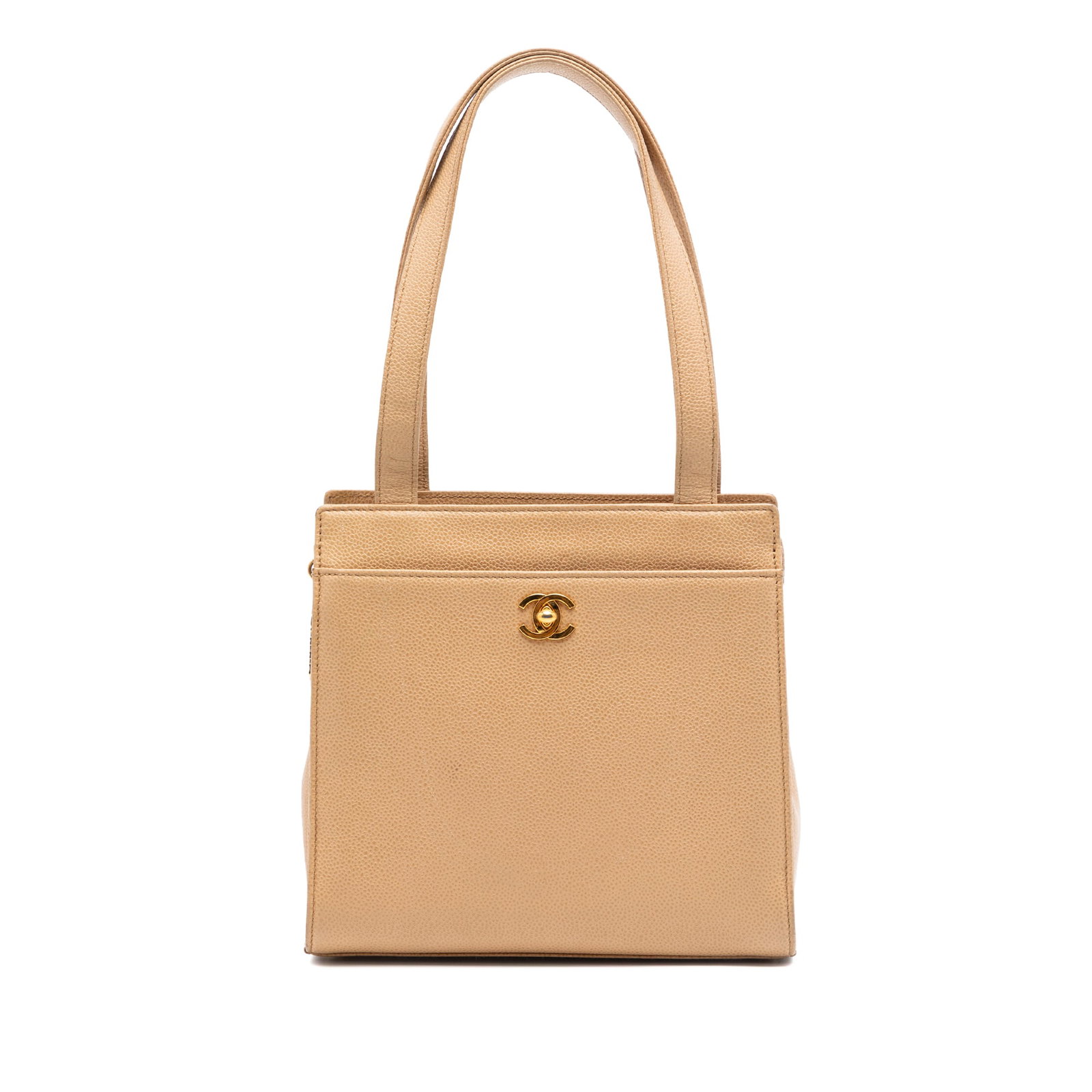 Chanel CC Caviar Turn Lock Leather Tote Bag Beige: Chanel CC Caviar Turn Lock Leather Tote Bag Beige Chanel CC Caviar Turn Lock Tote in beige leather with a caviar leather body, flat leather straps, a top zip closure, exterior front and back slip pock