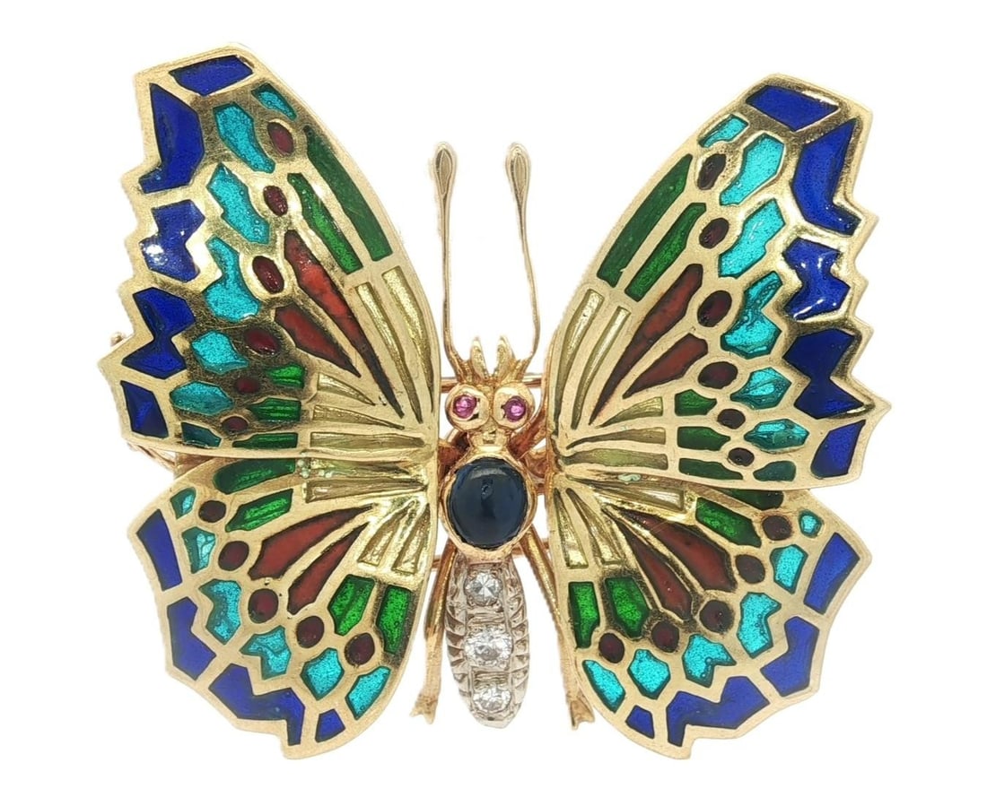 Vintage Gold Plique a Jour Enamel Sapphire Diamond Butterfly Brooch: Vintage Gold Plique a Jour Enamel Sapphire Diamond Butterfly Brooch This exquisite vintage butterfly pin brooch showcases a stunning combination of colorful Plique a Jour enamel, natural sapphires, an