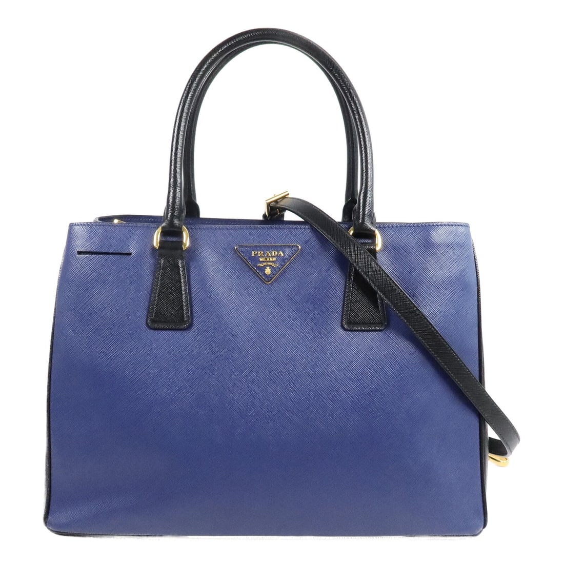 PRADA B1874A Galleria Saffiano Lux Blue Calfskin 2 Way Bag: PRADA B1874A Galleria Saffiano Lux Blue Calfskin 2 Way Bag PRADA Galleria Saffiano Lux 2 Way Shoulder Bag in blue calfskin (cowhide) leather, made in Italy. This women's regular-size bag features a 2-