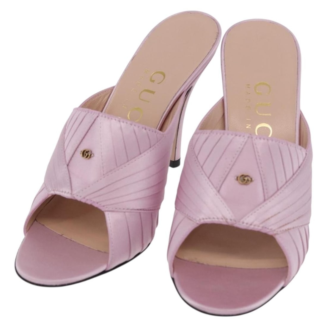 Gucci Marmont Satin Heeled Sandals Pink Gold Size 35: Gucci Marmont Satin Heeled Sandals Pink Gold Size 35 Gucci GG Marmont sandals in pink and gold satin, made in Italy and designed for women. The pair is listed in AB Very Good condition with visible su