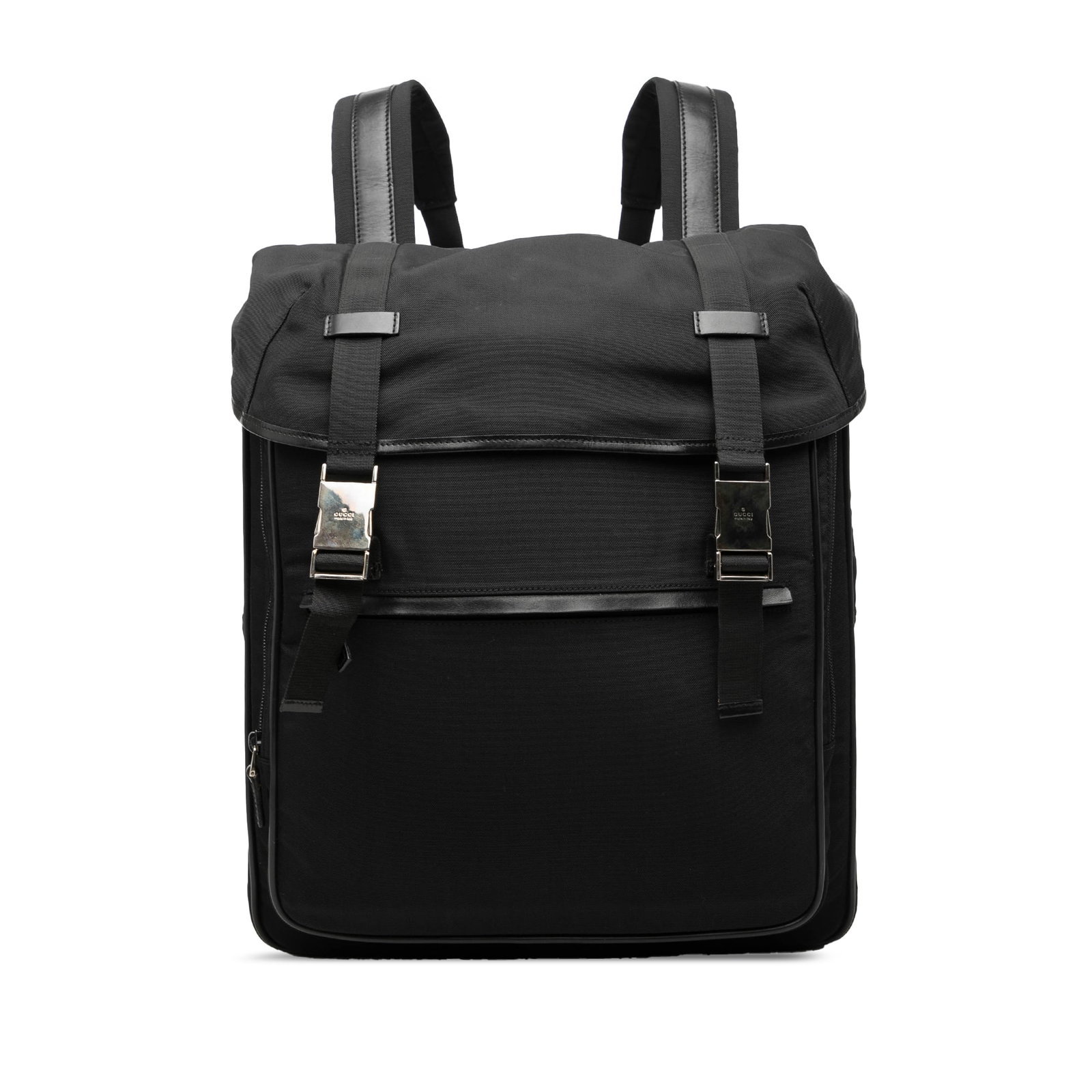 Gucci Nylon Double Buckle Black Backpack with Leather Trim: Gucci Nylon Double Buckle Black Backpack with Leather Trim Gucci Nylon Double Buckle Backpack in black, made with a nylon body and leather trim. It features a flat leather handle, adjustable flat back