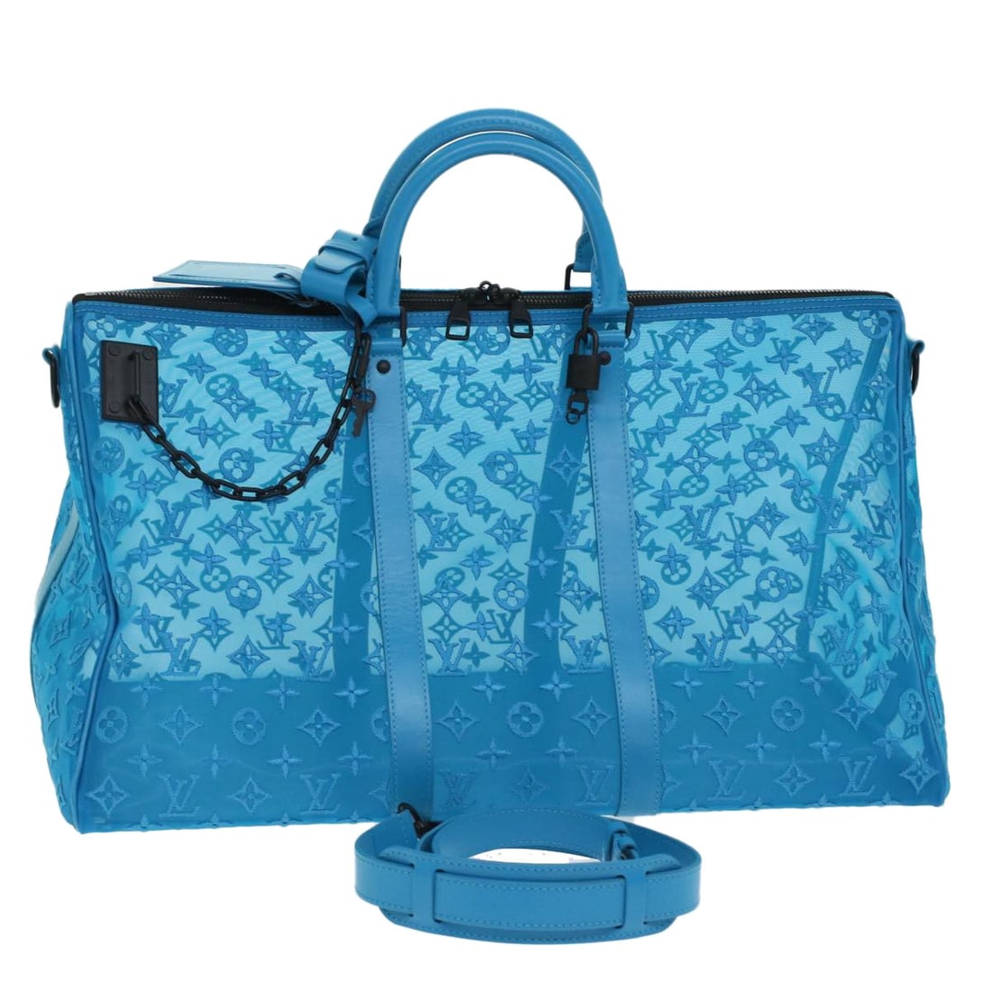 Louis Vuitton M45048 Keepall Triangle 50 Boston Bag Turquoise Blue: Louis Vuitton M45048 Keepall Triangle 50 Boston Bag Turquoise Blue Louis Vuitton Monogram Mesh Keepall Triangle 50 Boston bag in turquoise blue monogram canvas. Made in France, this women's bag is off