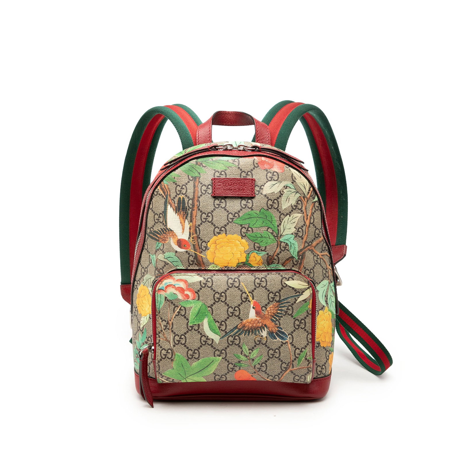 Gucci Tian Small Backpack in GG Supreme with Web Stripe: Gucci Tian Small Backpack in GG Supreme with Web Stripe Gucci Small GG Supreme Web Tian Backpack in beige with a printed coated canvas body and leather trim. This backpack features a flat leather top 