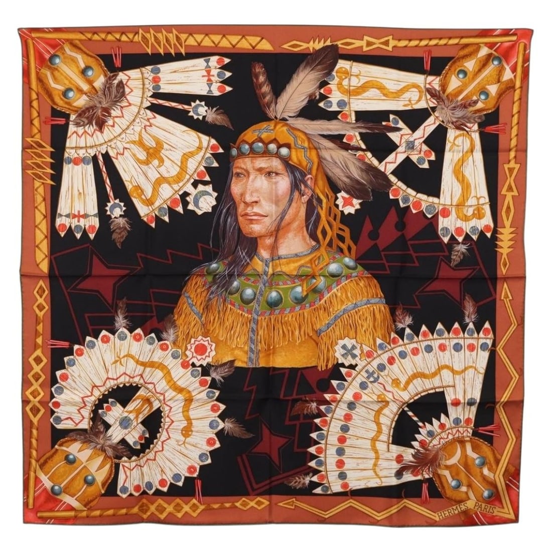 HERMES Cosmogonie Apache Carre90 Silk Scarf Brown Black: HERMES Cosmogonie Apache Carre90 Silk Scarf Brown Black Hermes Carre90 scarf in silk, featuring the "Cosmogonie Apache" design in brown and black. Made in France, this women's scarf measures approxima