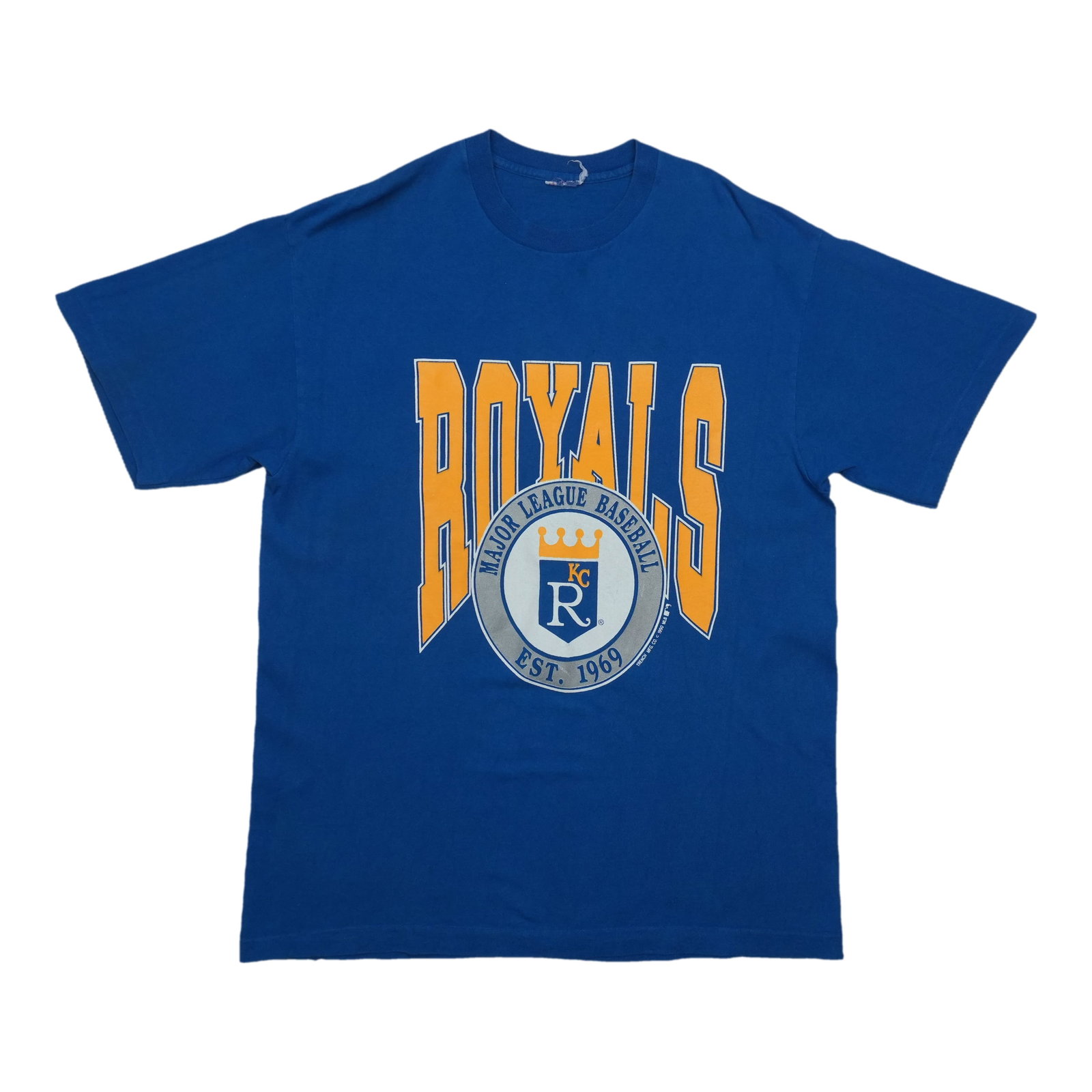 Vintage 1990 Kansas City Royals blue cotton tee: Vintage 1990 Kansas City Royals blue cotton tee This is an original vintage 1990 Kansas City Royals shirt, not a modern reproduction. The shirt is made of 100% cotton and comes in blue. It shows disco