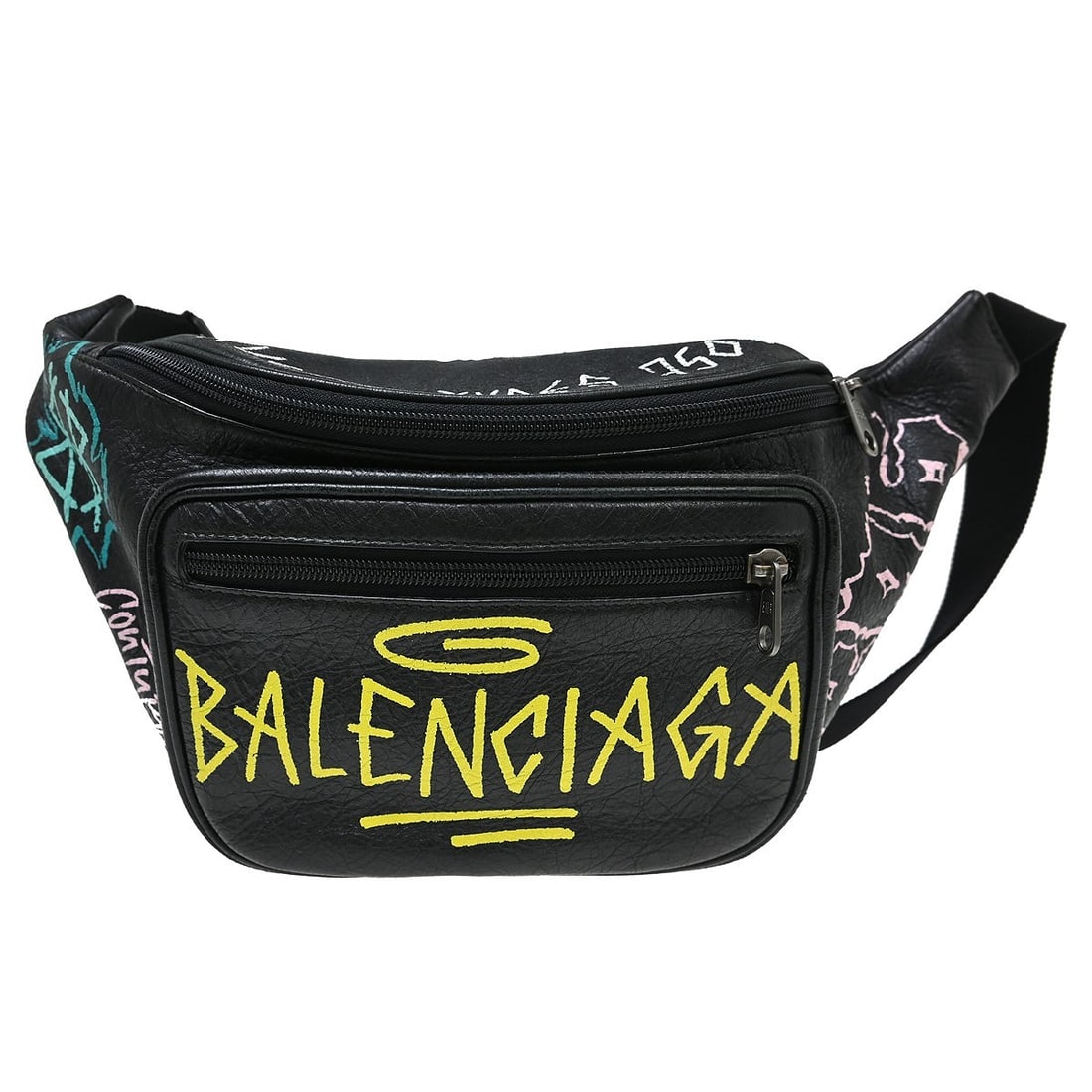 Balenciaga Explorer leather belt bag black graffiti print: Balenciaga Explorer leather belt bag black graffiti print Vintage Balenciaga Explorer Graffiti bum bag in black leather with logo accents and a black lining. This medium belt bag features an exterior 