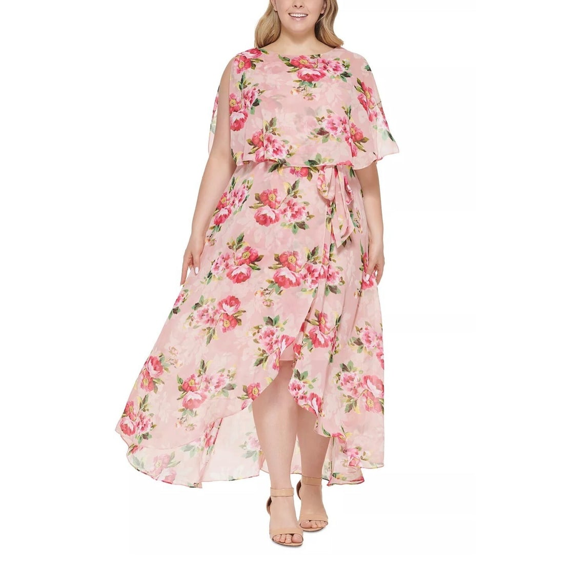 Jessica Howard Plus Size Floral Hi-Low Dress Sheer Pink 16W (1 of 3)