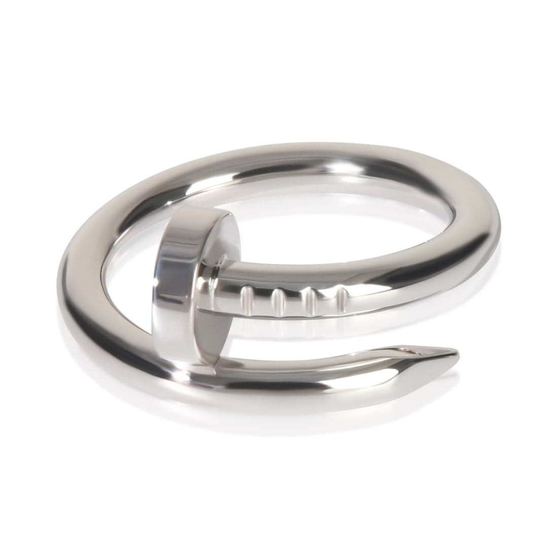 Cartier Juste Un Clou 18k White Gold Ring Size 5.75: Cartier Juste Un Clou 18k White Gold Ring Size 5.75 This Cartier Juste Un Clou ring is crafted from 18k white gold and features the iconic nail-inspired design. The ring does not include any stones an