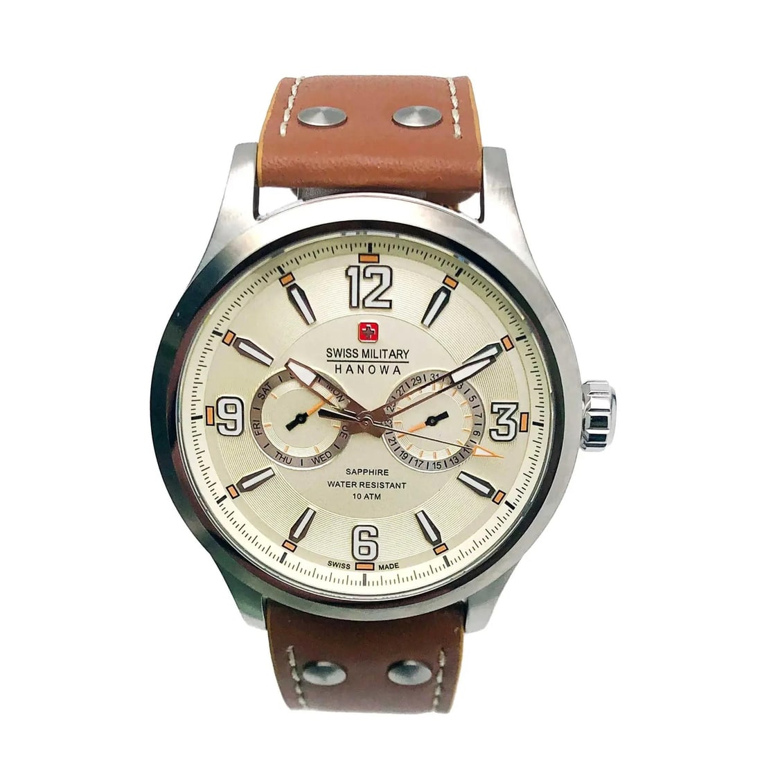 Swiss Military Hanowa Quartz Men's Watch Beige Dial Stainless Steel 06-4307.04.002: Swiss Military Hanowa Quartz Men's Watch Beige Dial Stainless Steel 06-4307.04.002 Experience the perfect blend of style and function with the Swiss Military Hanowa Stainless Steel Quartz Men's Watch.