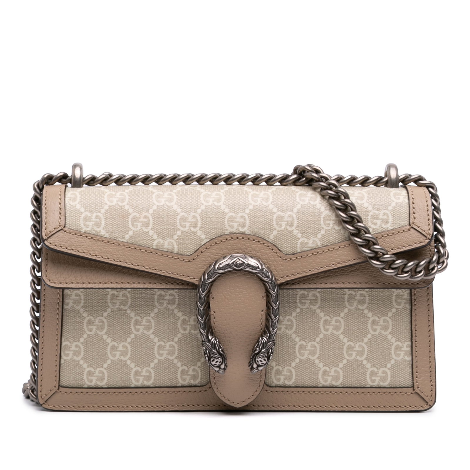 Gucci Dionysus Medium GG Supreme Crossbody Bag Beige: Gucci Dionysus Medium GG Supreme Crossbody Bag Beige Gucci Medium GG Supreme Dionysus Crossbody bag in beige, featuring a coated canvas body with leather trim, a curb chain shoulder strap, a front fla