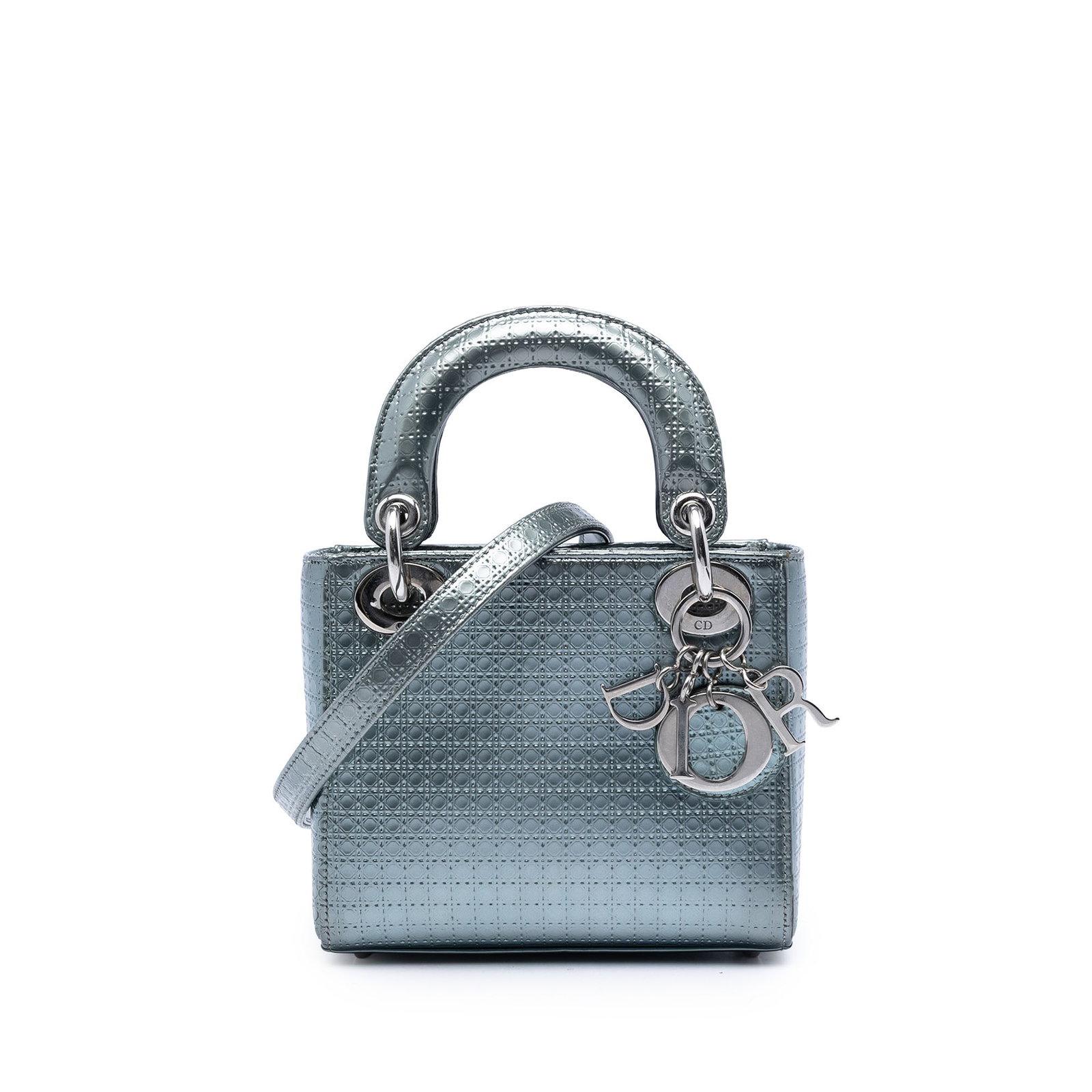 Dior Lady Dior Mini Blue Patent Leather Microcannage Bag: Dior Lady Dior Mini Blue Patent Leather Microcannage Bag Mini Metallic Patent Microcannage Lady Dior bag in blue, made in Italy. It features a patent leather body, flat leather top handles, a detachab