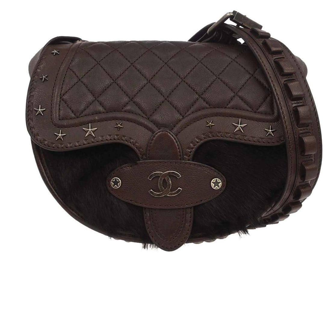 CHANEL Paris-Dallas Brown Pony Hair Calfskin Saddle Shoulder Bag: CHANEL Paris-Dallas Brown Pony Hair Calfskin Saddle Shoulder Bag Chanel Paris-Dallas saddle shoulder bag in brown calfskin and pony hair. This medium women's bag features a logo accent and an interior