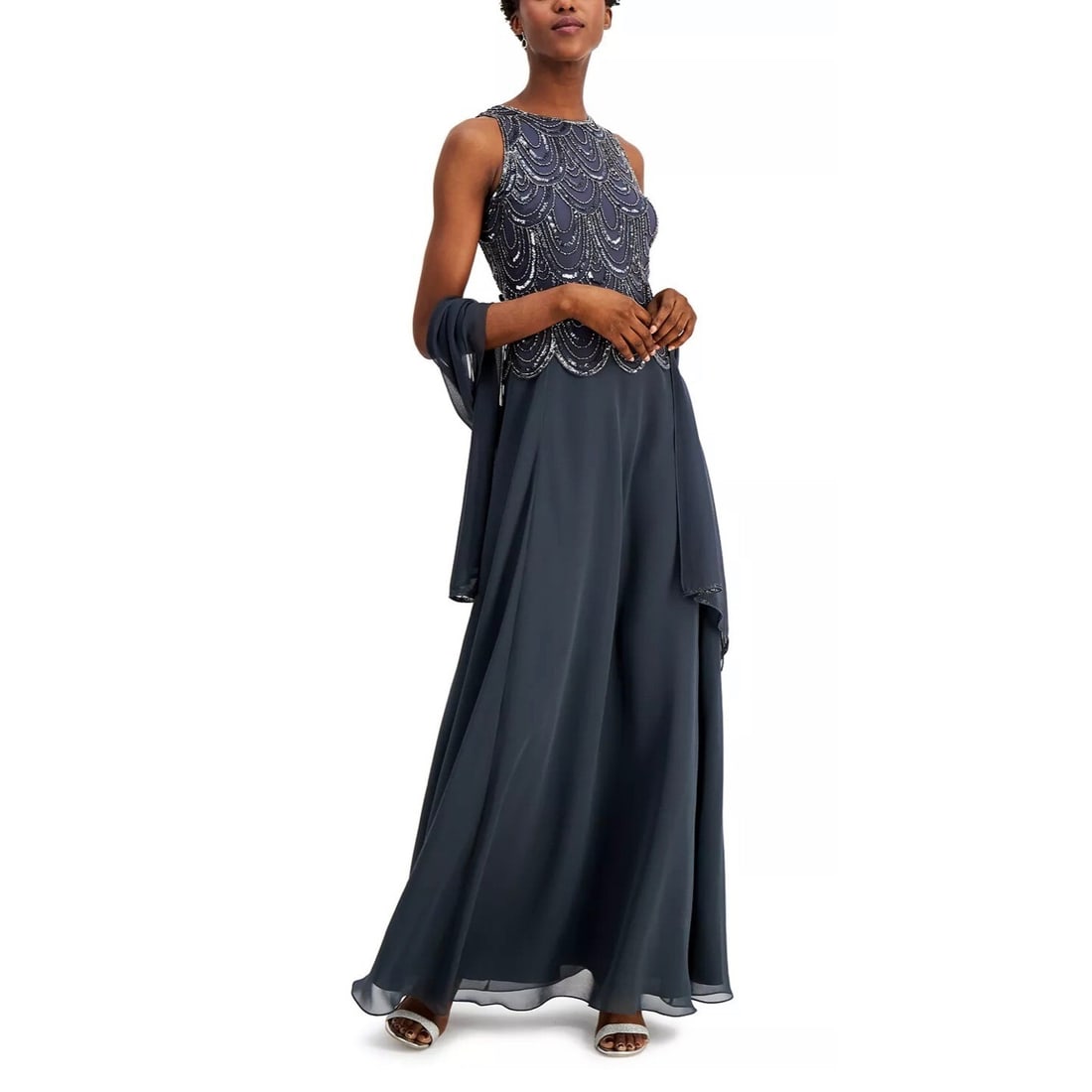 J Kara Gray Metallic Sleeveless A-Line Gown with Scarf Size 16 (1 of 3)