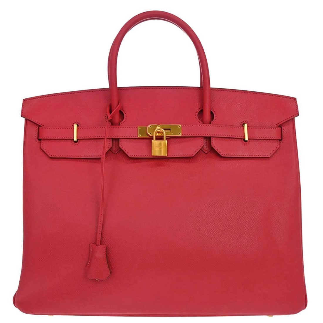 HERMES Birkin 40 Epsom Leather Handbag Rouge Casaque France: HERMES Birkin 40 Epsom Leather Handbag Rouge Casaque France Hermes Rouge Casaque Epsom Birkin 40 handbag in very good condition, with scuffs noted on the exterior and edges. It features a flap turn lo