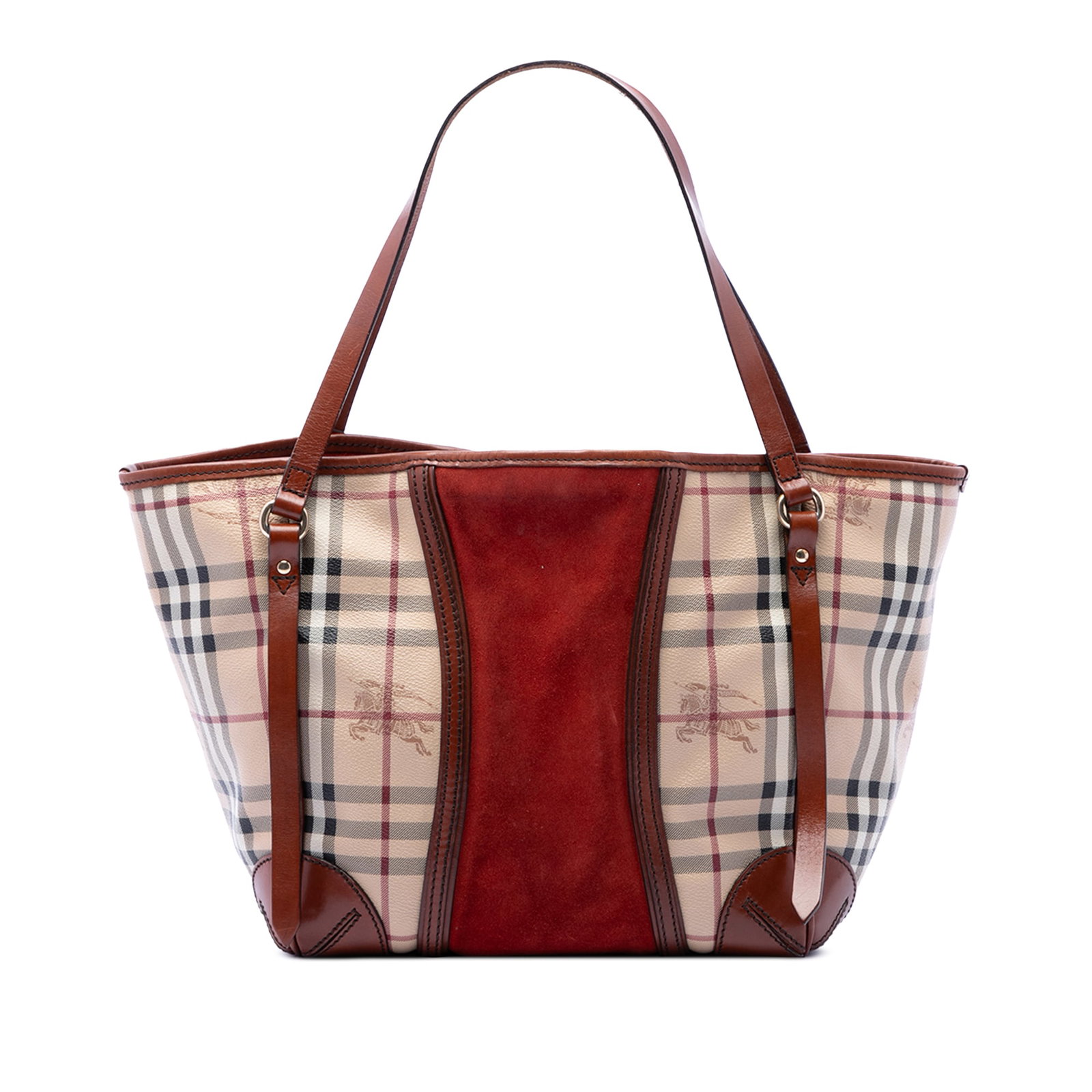 Burberry Canterbury Small Tote in Haymarket Check Coated Canvas: Burberry Canterbury Small Tote in Haymarket Check Coated Canvas This Burberry Canterbury tote is crafted with a Haymarket check coated canvas body, suede panels, and calf leather trim. It features fla