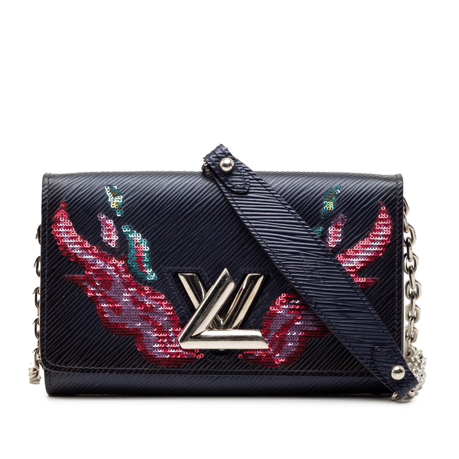 Louis Vuitton Epi Leather Twist Wallet With Sequin Flames and Chain Strap: Louis Vuitton Epi Leather Twist Wallet With Sequin Flames and Chain Strap This Louis Vuitton Epi Sequin Flames Twist Chain Wallet showcases striking blue epi leather adorned with sequin detailing. It 