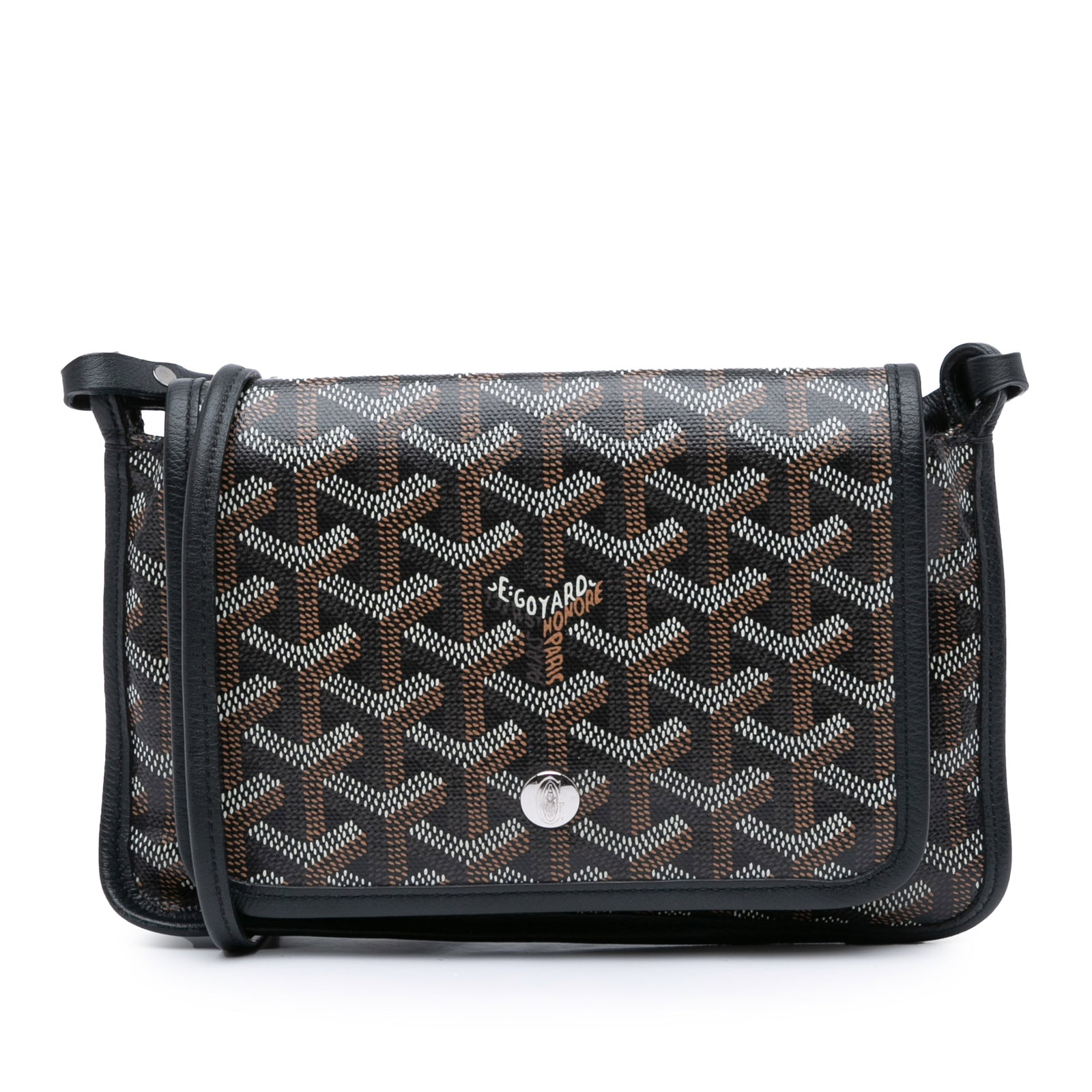 Goyard Plumet Black Coated Canvas Wallet: Goyard Plumet Black Coated Canvas Wallet This Goyardine Plumet Pocket Wallet features a coated canvas exterior with a distinctive geometric pattern, complemented by a rolled leather strap. The wallet 