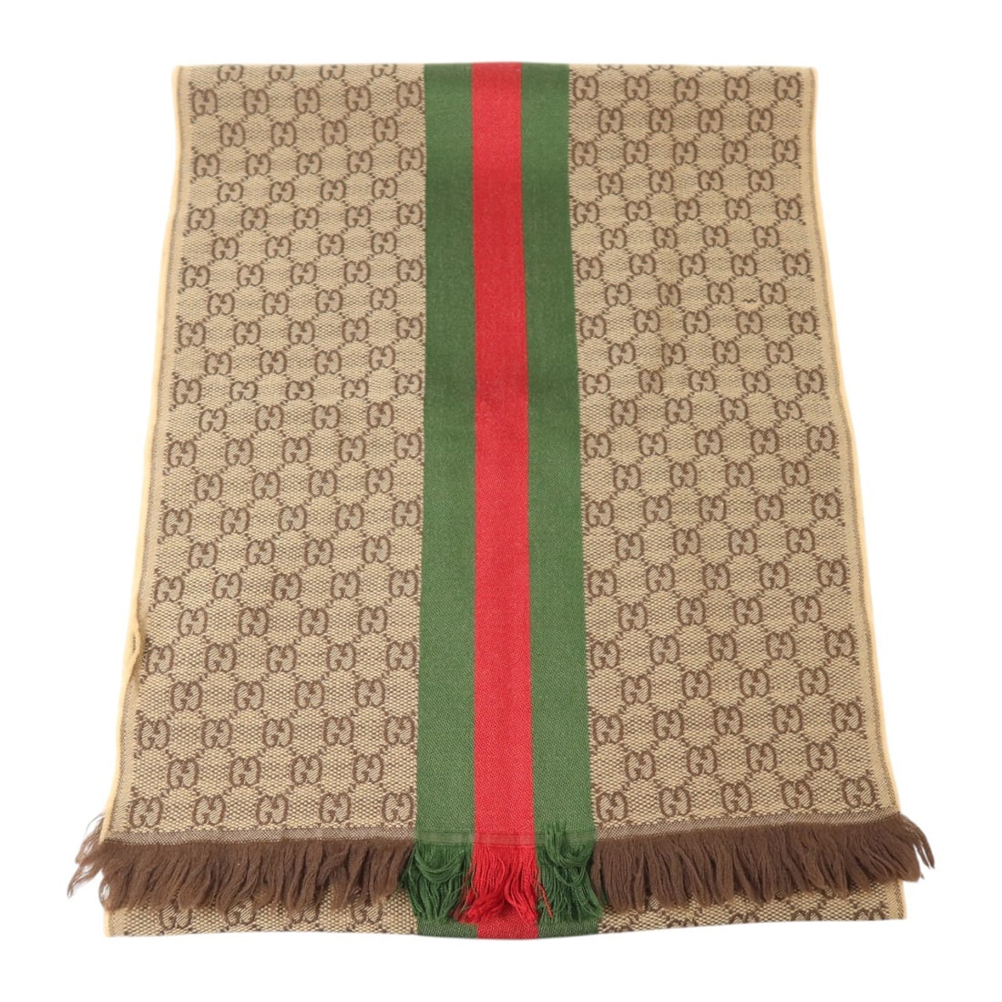 Gucci GG Wool Silk Scarf 180x37 Brown Red Green Unisex: Gucci GG Wool Silk Scarf 180x37 Brown Red Green Unisex A GUCCI unisex scarf in brown, red, and green, made from wool and silk. It measures 180 cm x 37 cm and is listed in very good AB condition. Acces
